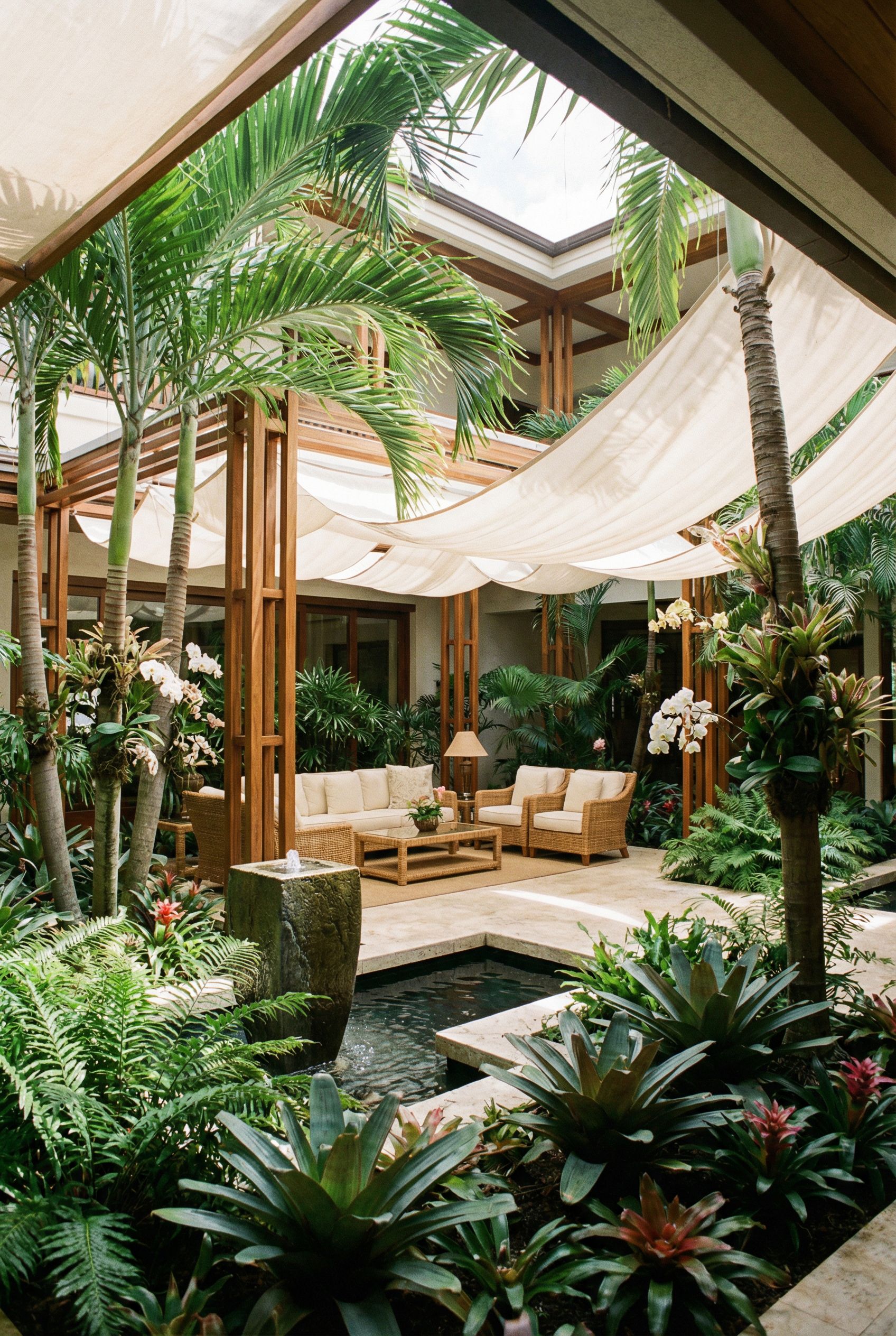 Fully enclosed courtyard filled with tropical plants and a breezy sheltered lounge