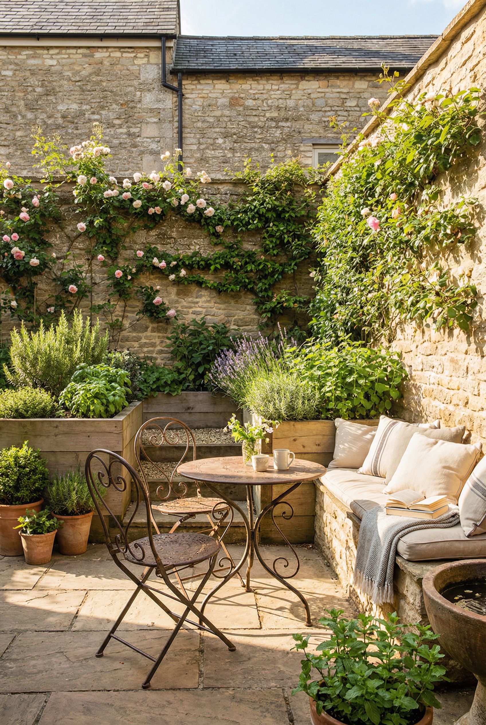 Fully enclosed courtyard with herb beds, a bistro table and cozy sunlit lounging