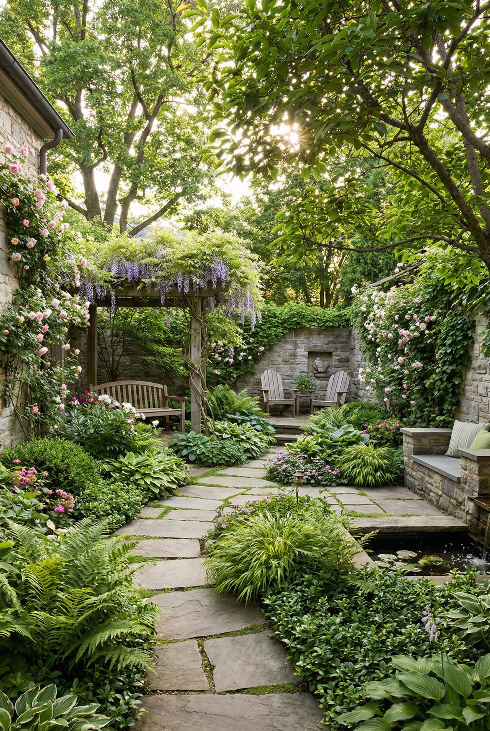 Fully surrounded courtyard garden with winding stepping stones and tucked seating zones