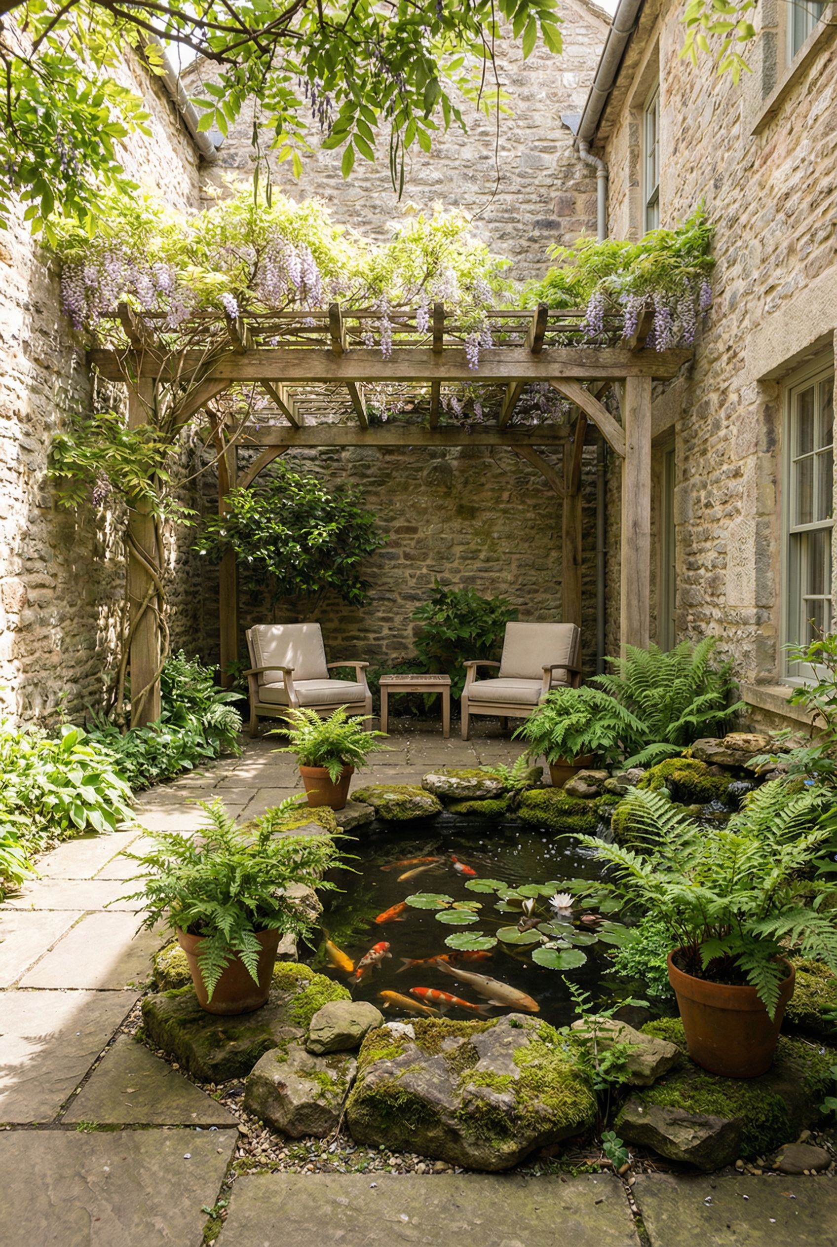 Fully surrounded courtyard hosting a small koi pond and intimate shaded seating