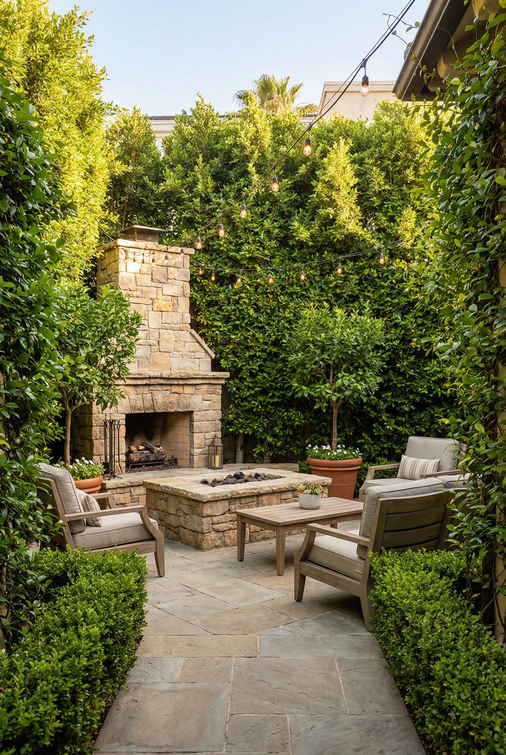 Fully surrounded courtyard with fireplace lounge and leafy privacy plantings