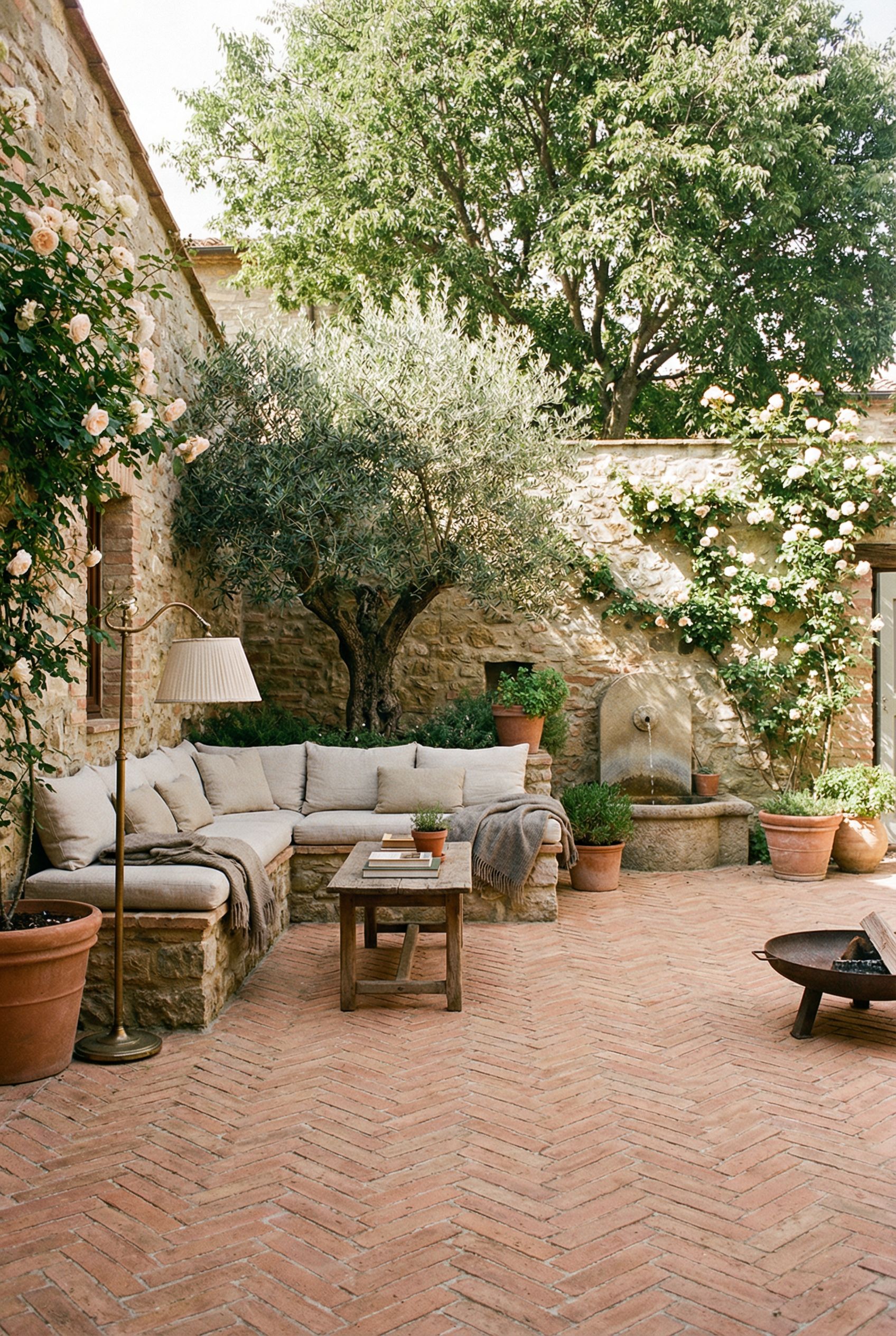 Fully surrounded courtyard with warm brick flooring and a serene reading corner