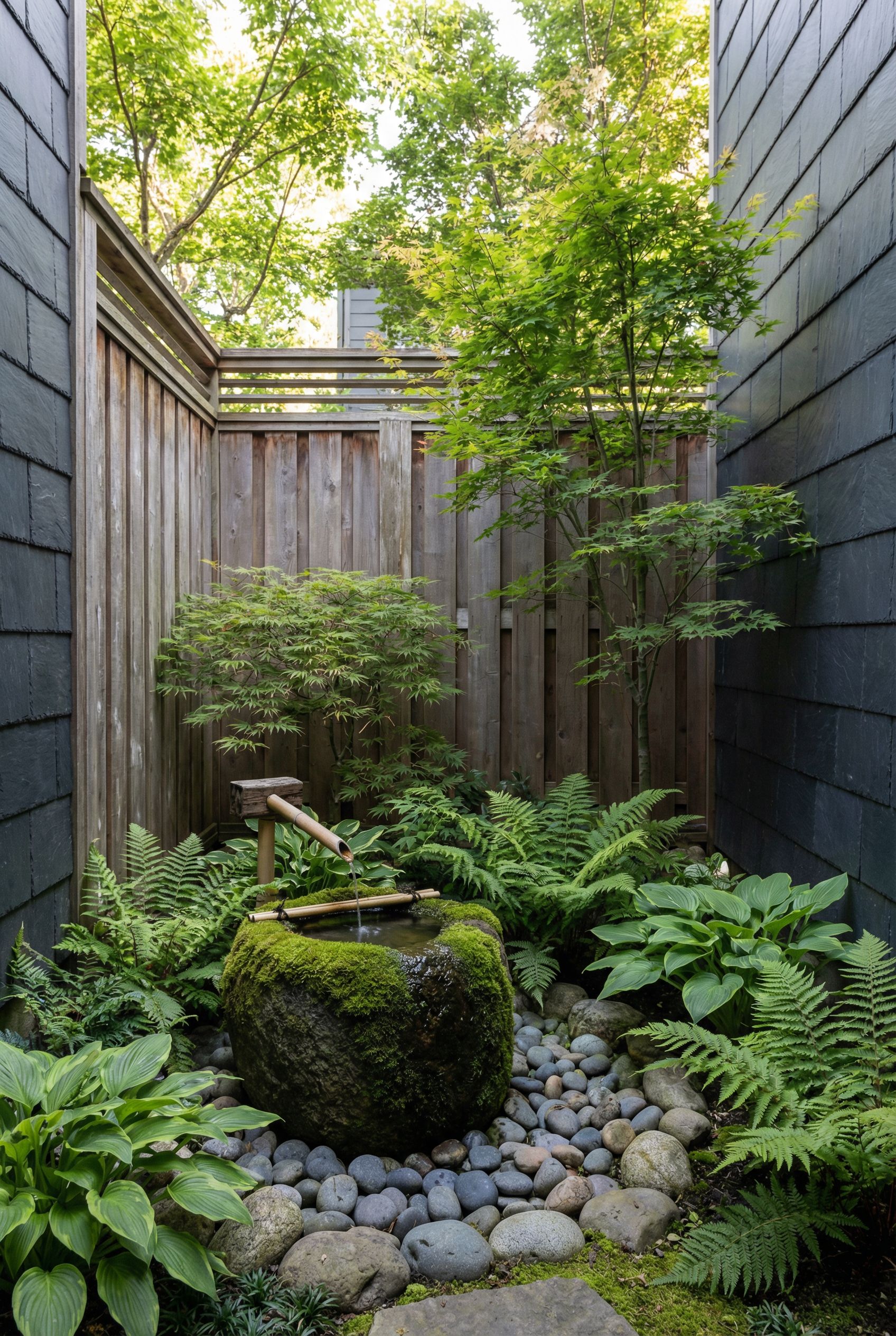 Fully wrapped courtyard with Japanese-inspired plantings and a serene stone water basin
