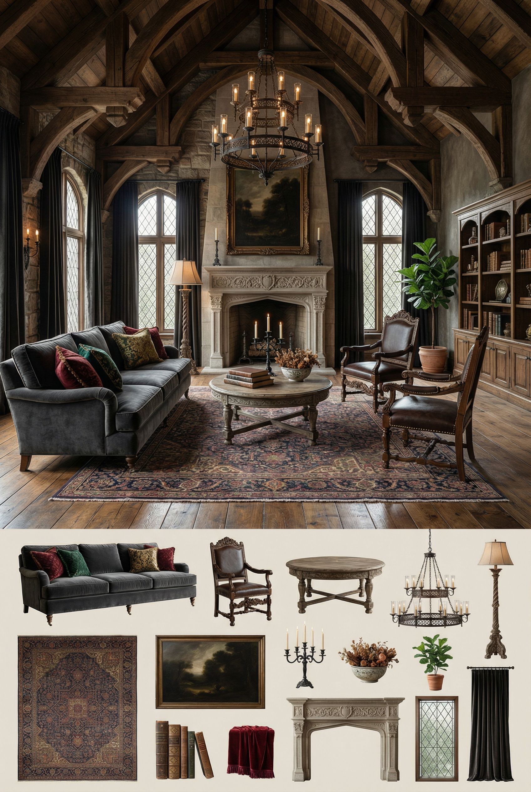 Gothic Revival Chalet Room with Vaulted Ceilings