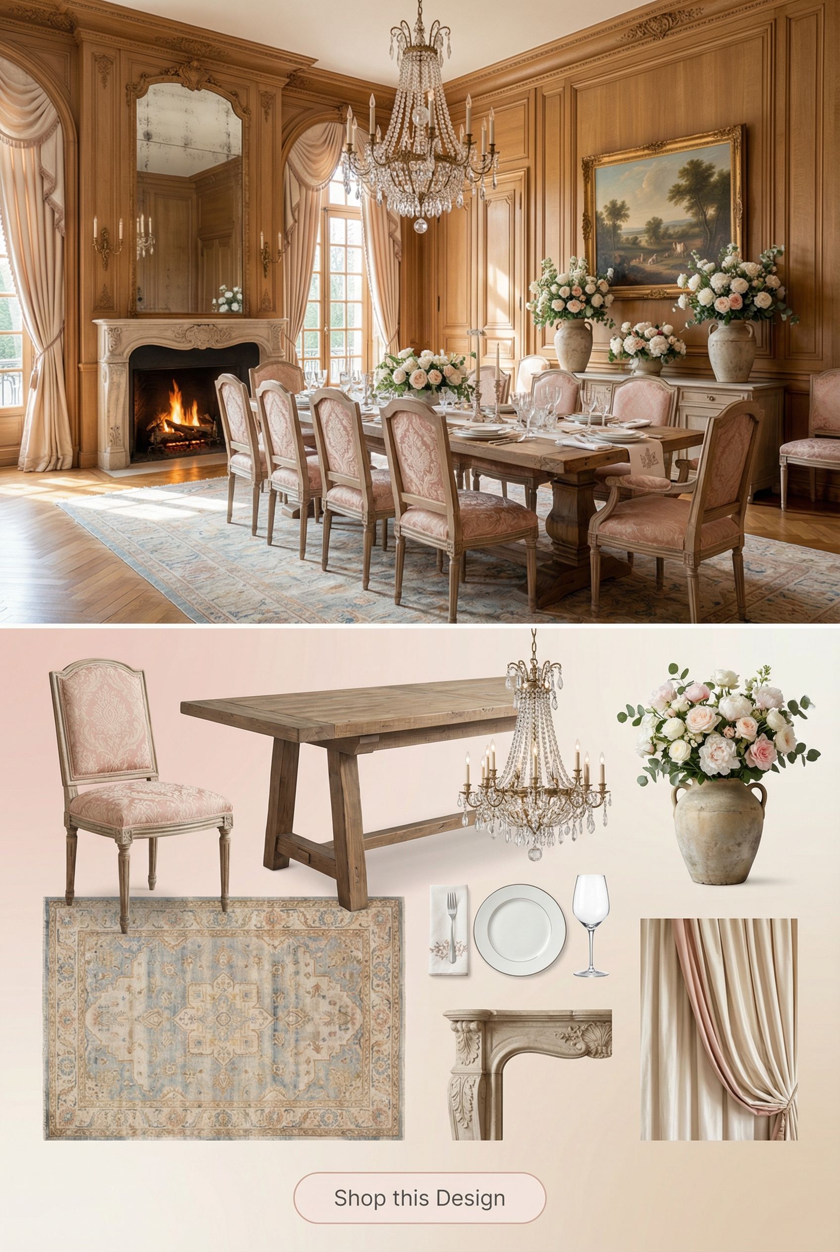 Grand French Dining Room with Floor-to-Ceiling Oak Panels and Stone Fireplace