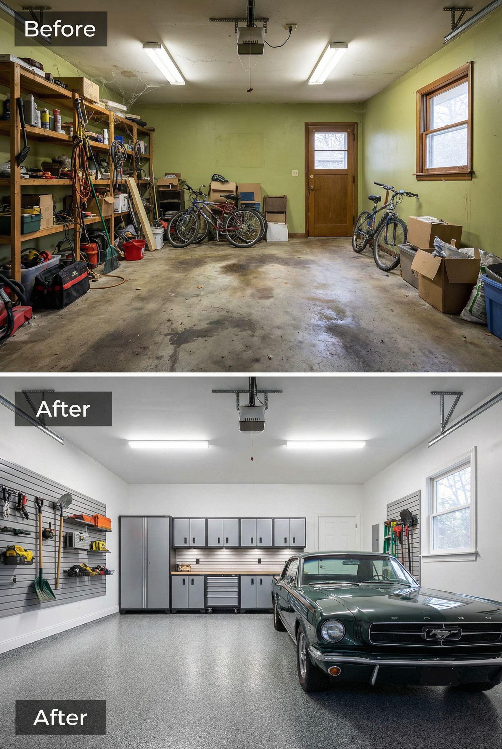Grimy 80s Auto Shop → Pristine White Tesla Charging Station