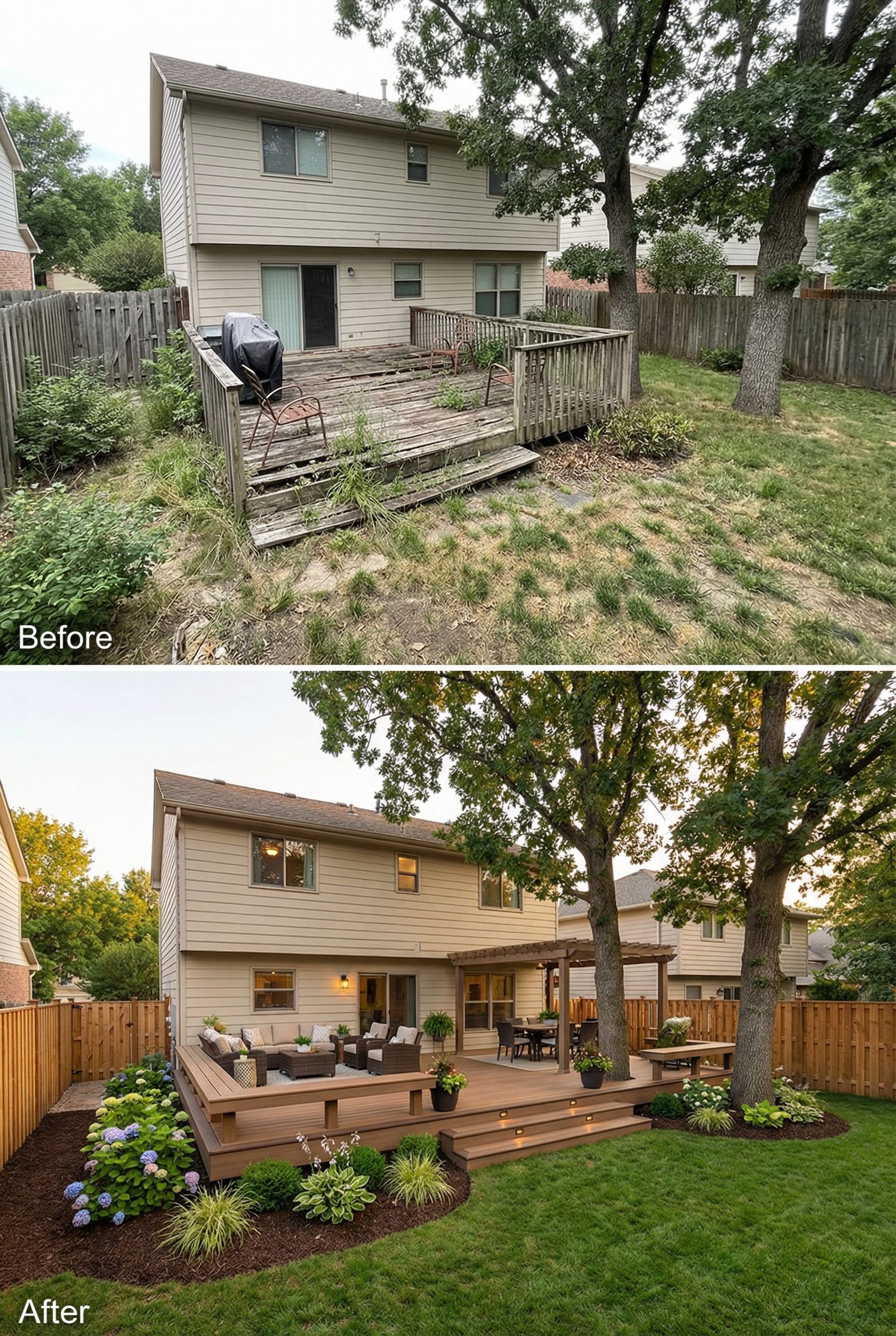 Harsh-angled backyard deck smoothed into a soft multi-tiered curve design