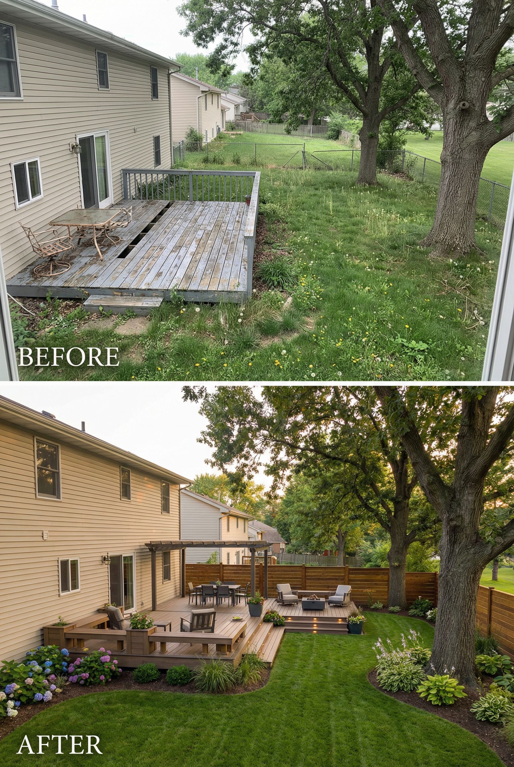 Hidden backyard deck reworked into a dramatic split-level garden theater