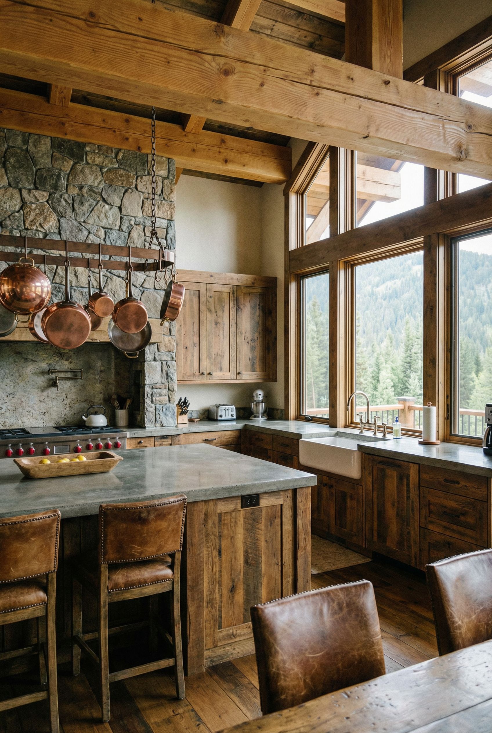High-End Chalet Kitchen with Floor-to-Ceiling Windows