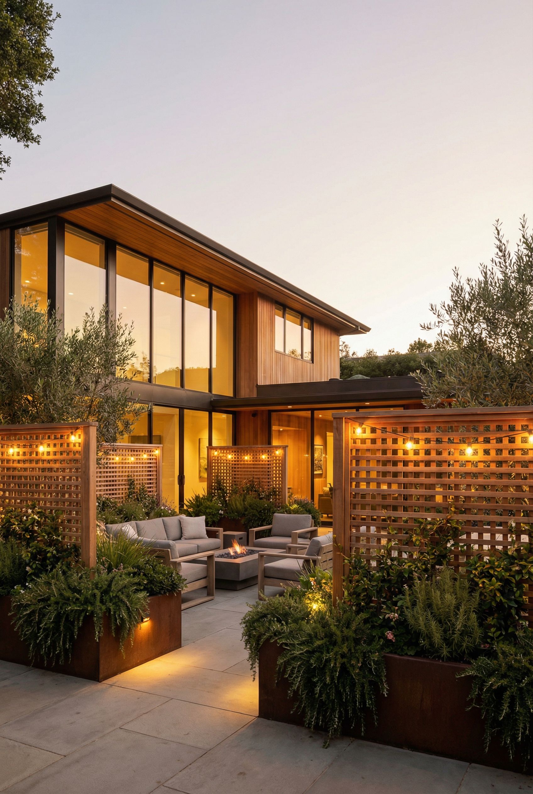 Home encircled by a courtyard retreat featuring warm lighting, privacy screens and planters
