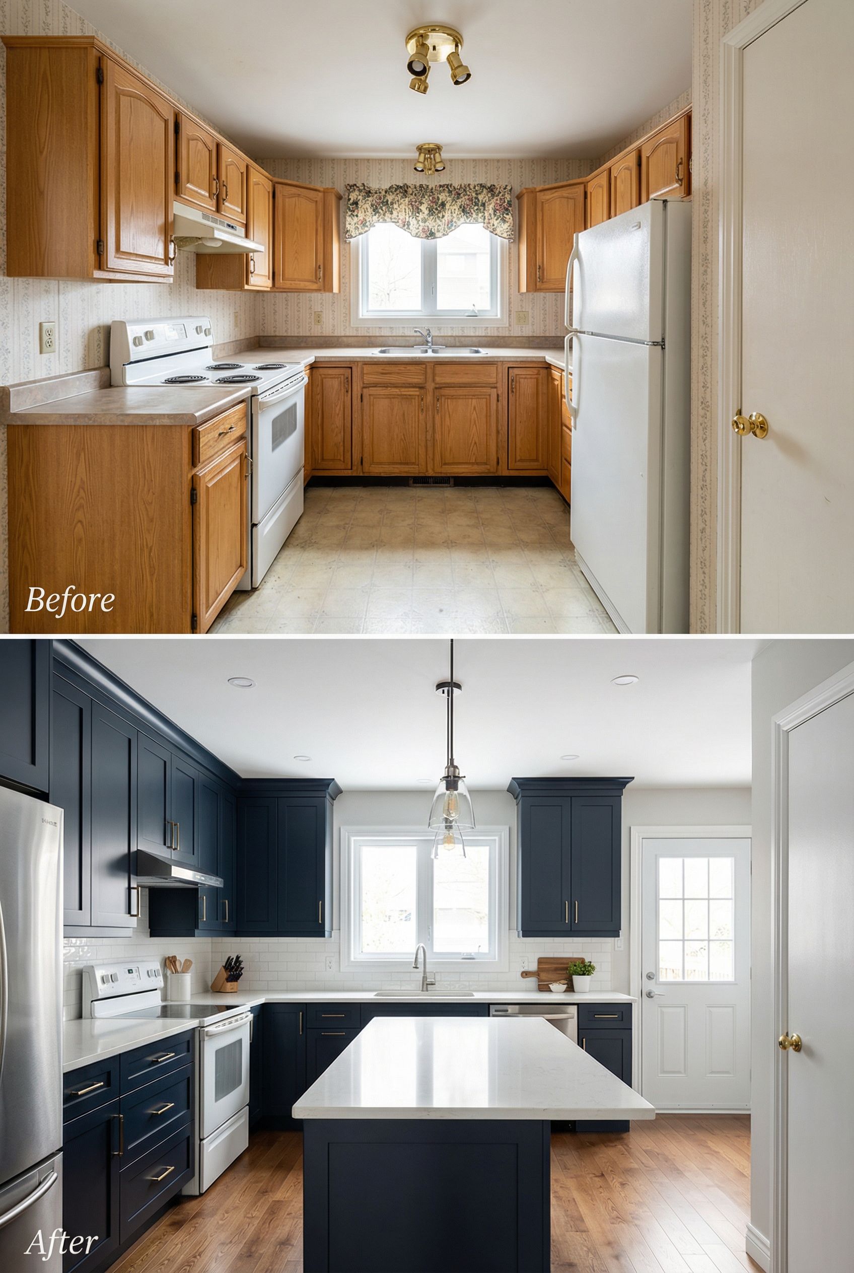 Honey Oak '90s Kitchen โ Navy Shaker with Marble Island