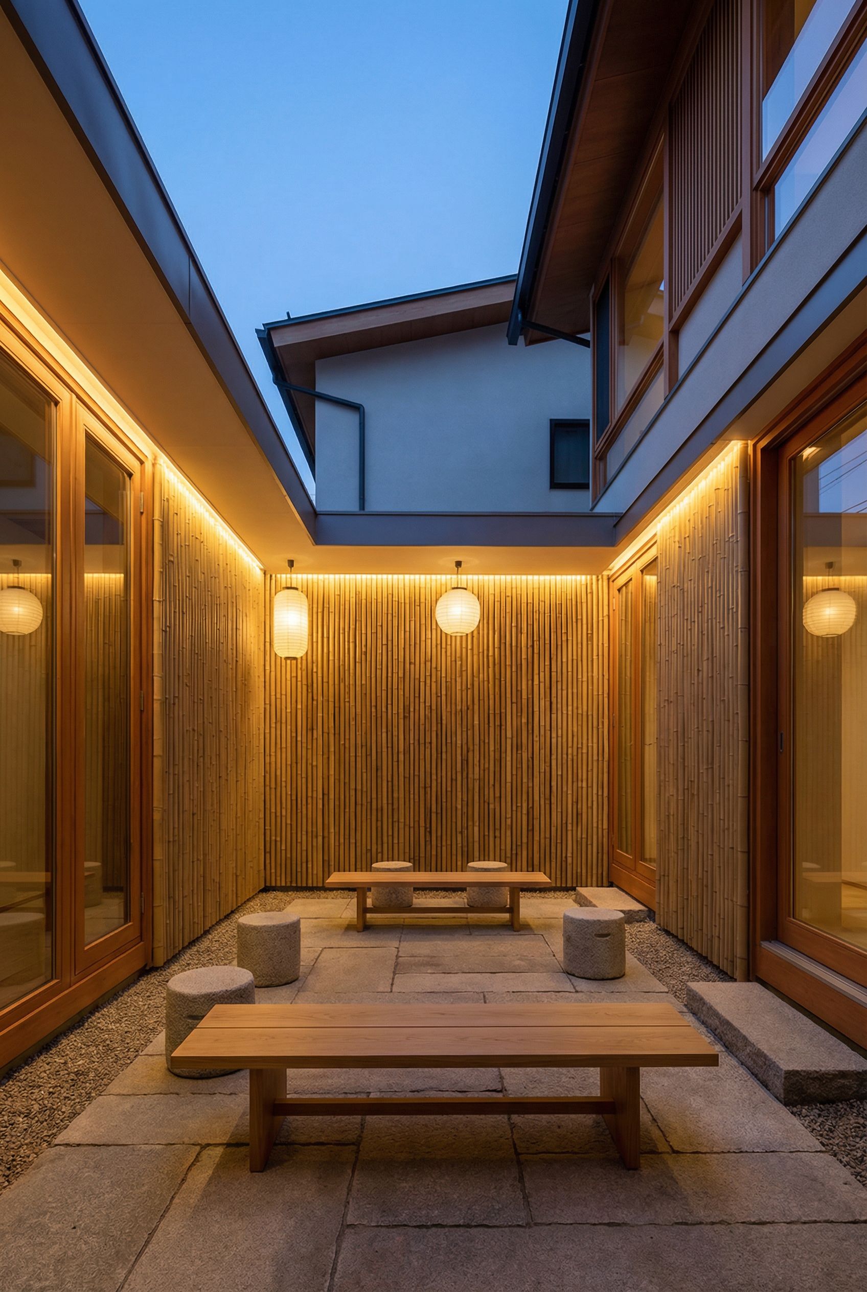House-encircled courtyard featuring bamboo walls, minimalist seating and soft glow