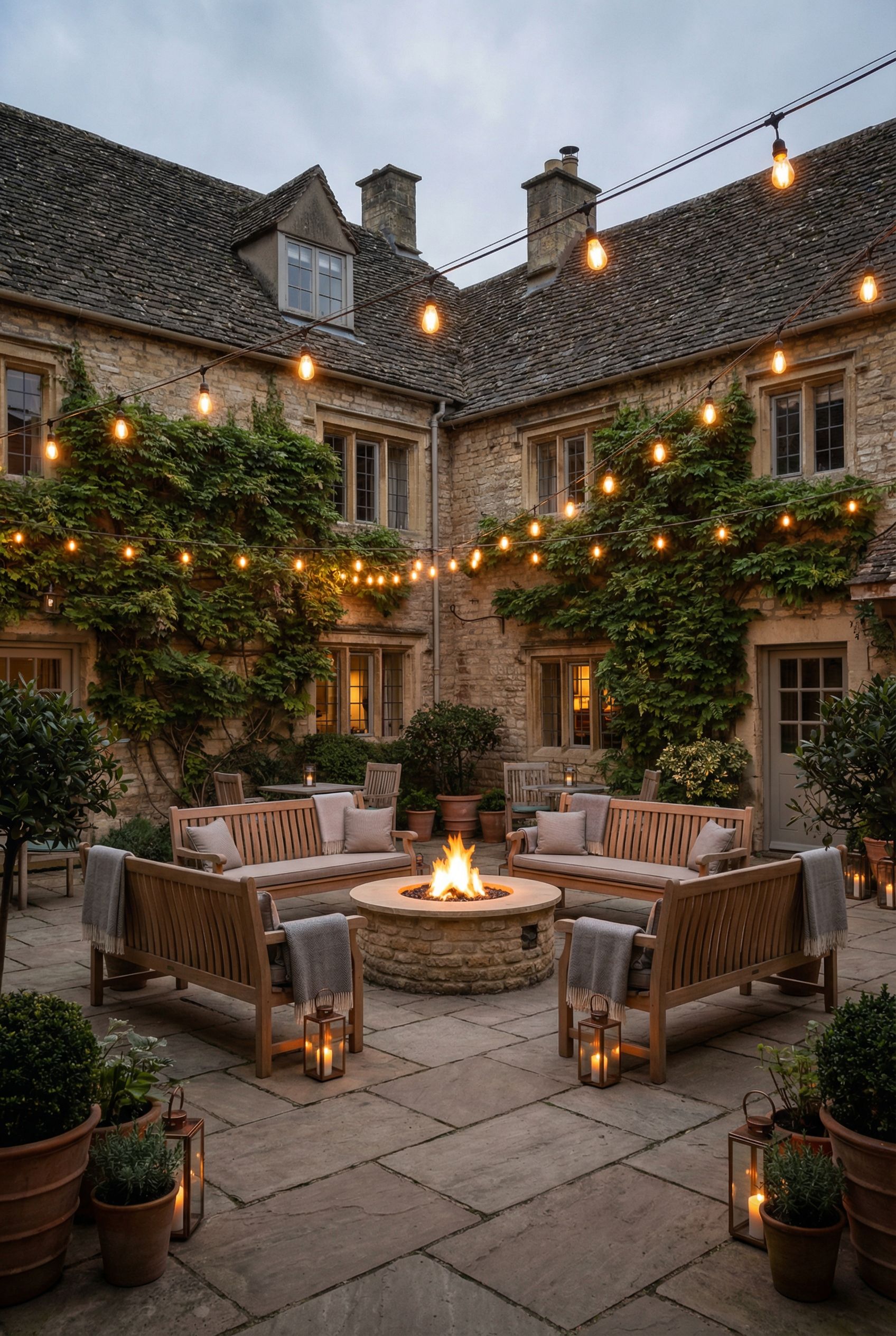 House-encircled courtyard with cozy café lights and a warm central seating circle