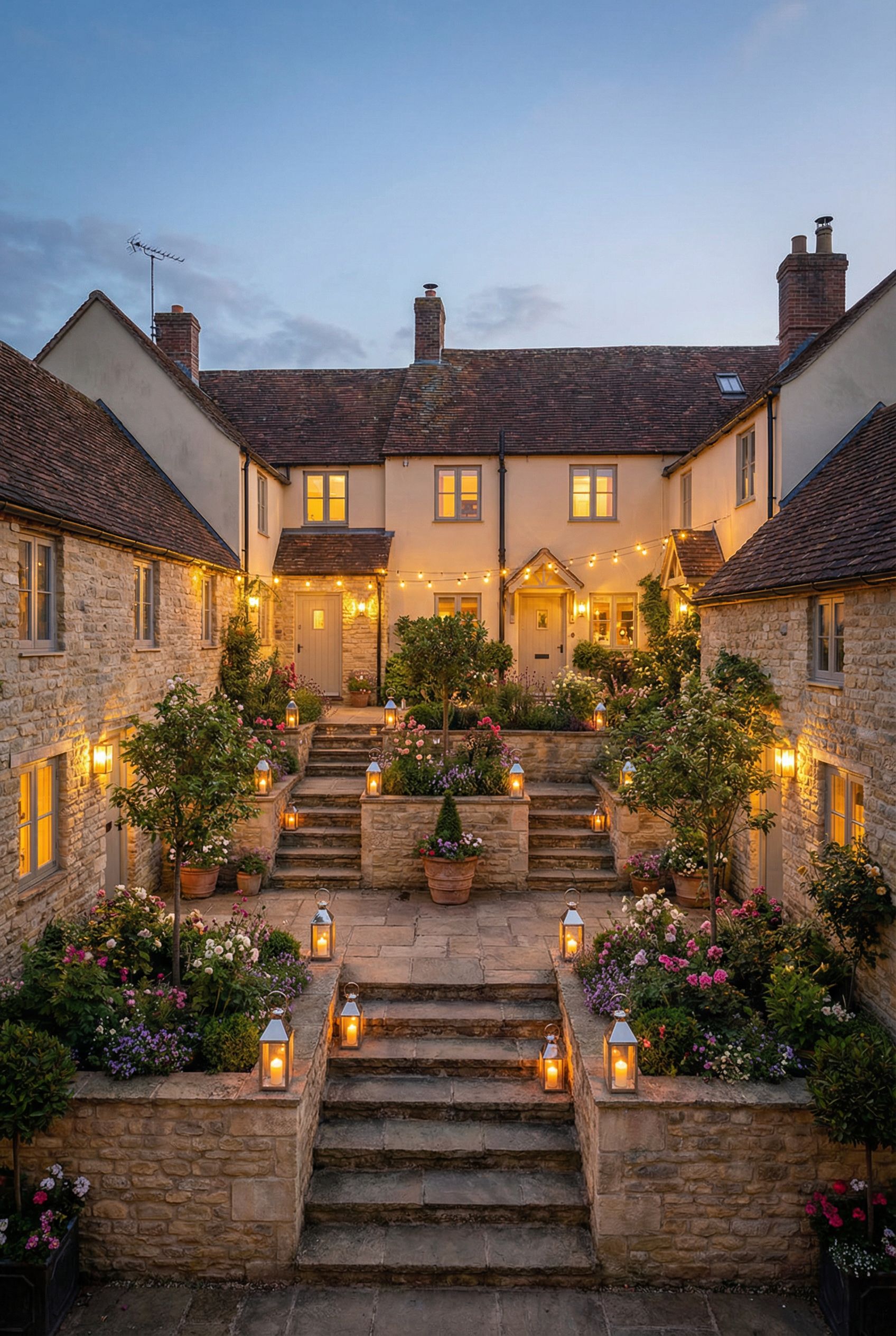 House-encircled courtyard with terraced planters, stone steps and evening lanterns