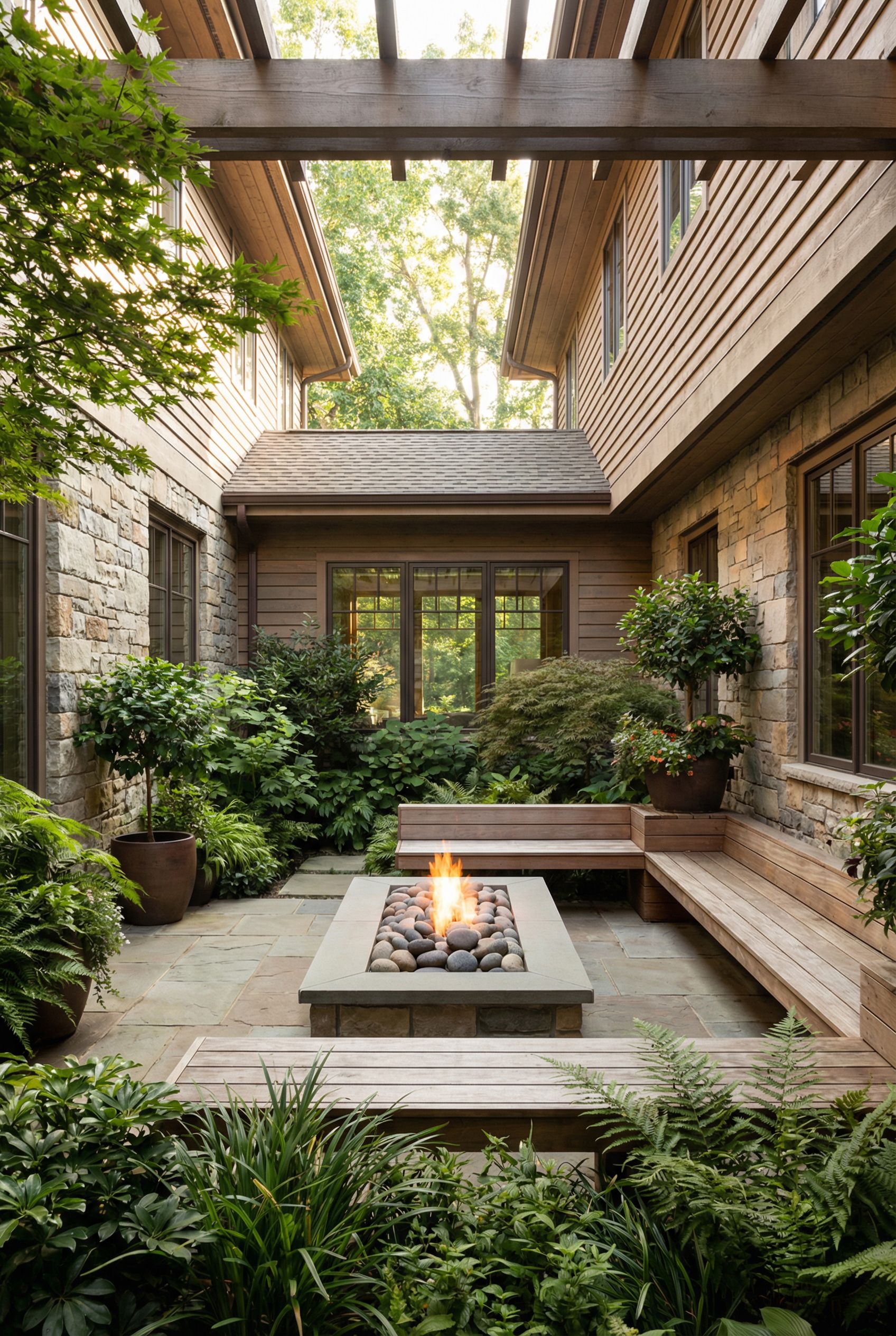 House-wrapped courtyard oasis with fire feature, textured materials and deep greenery