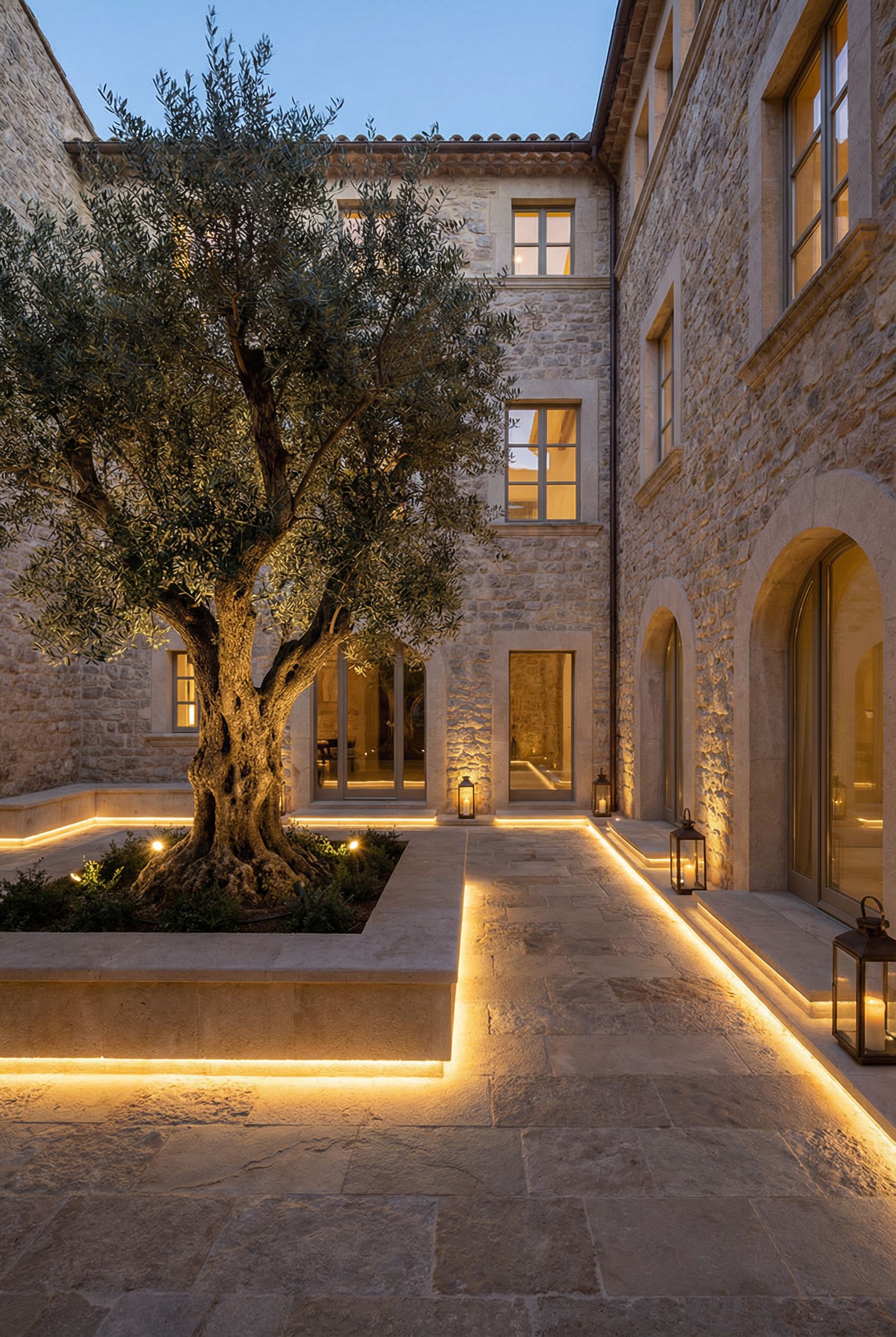 House-wrapped courtyard with a central olive tree and soft accent lighting at night