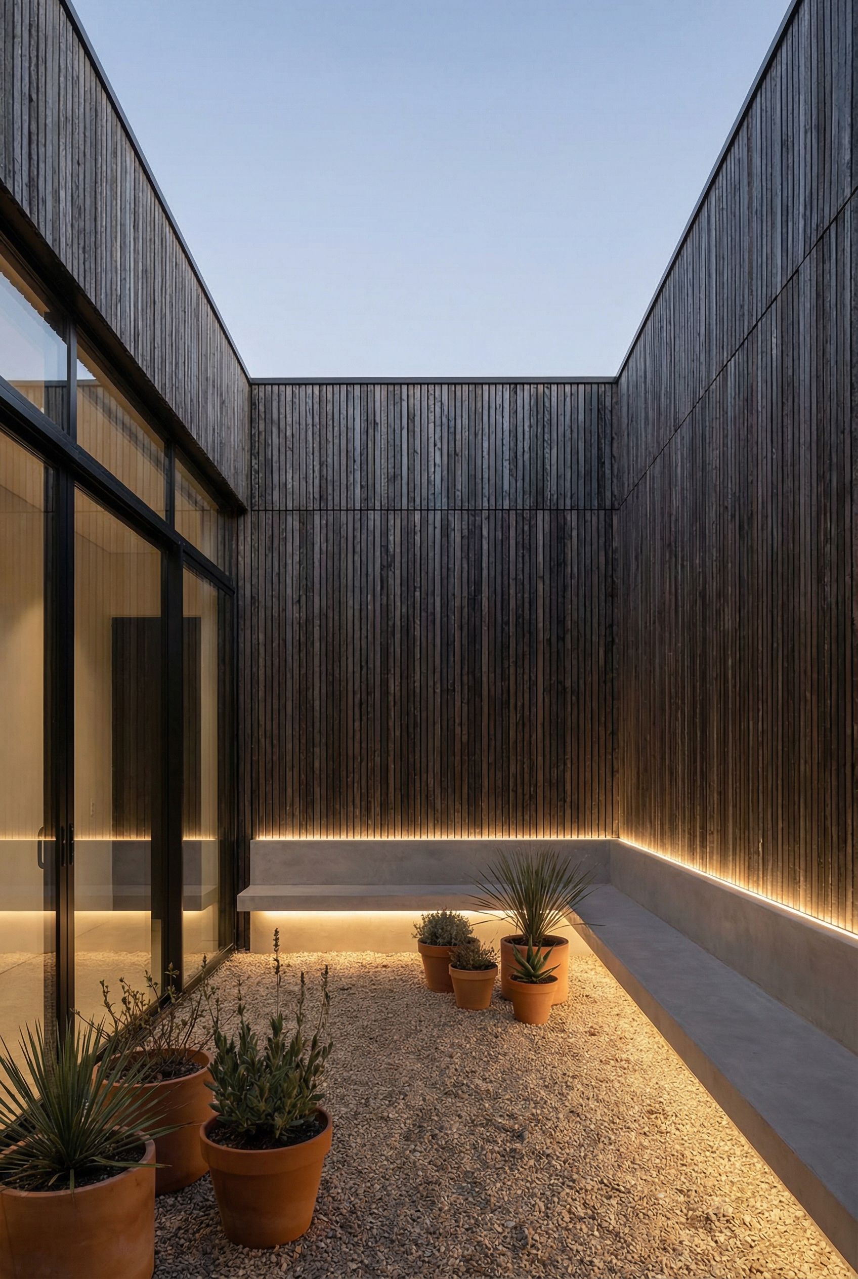 House-wrapped courtyard with modern concrete benches and soft perimeter lighting