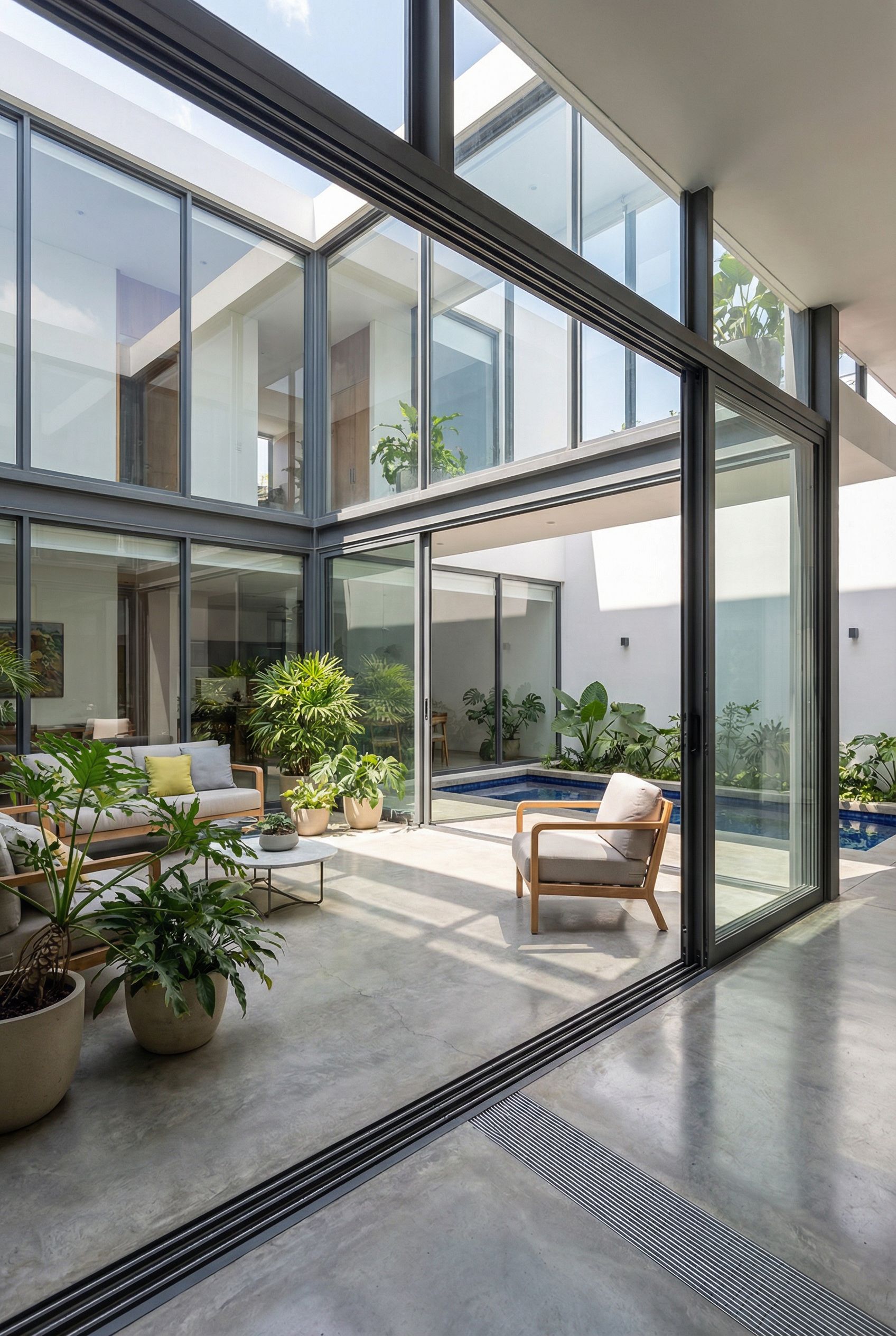 Indoor-Outdoor Courtyard with Glass Walls