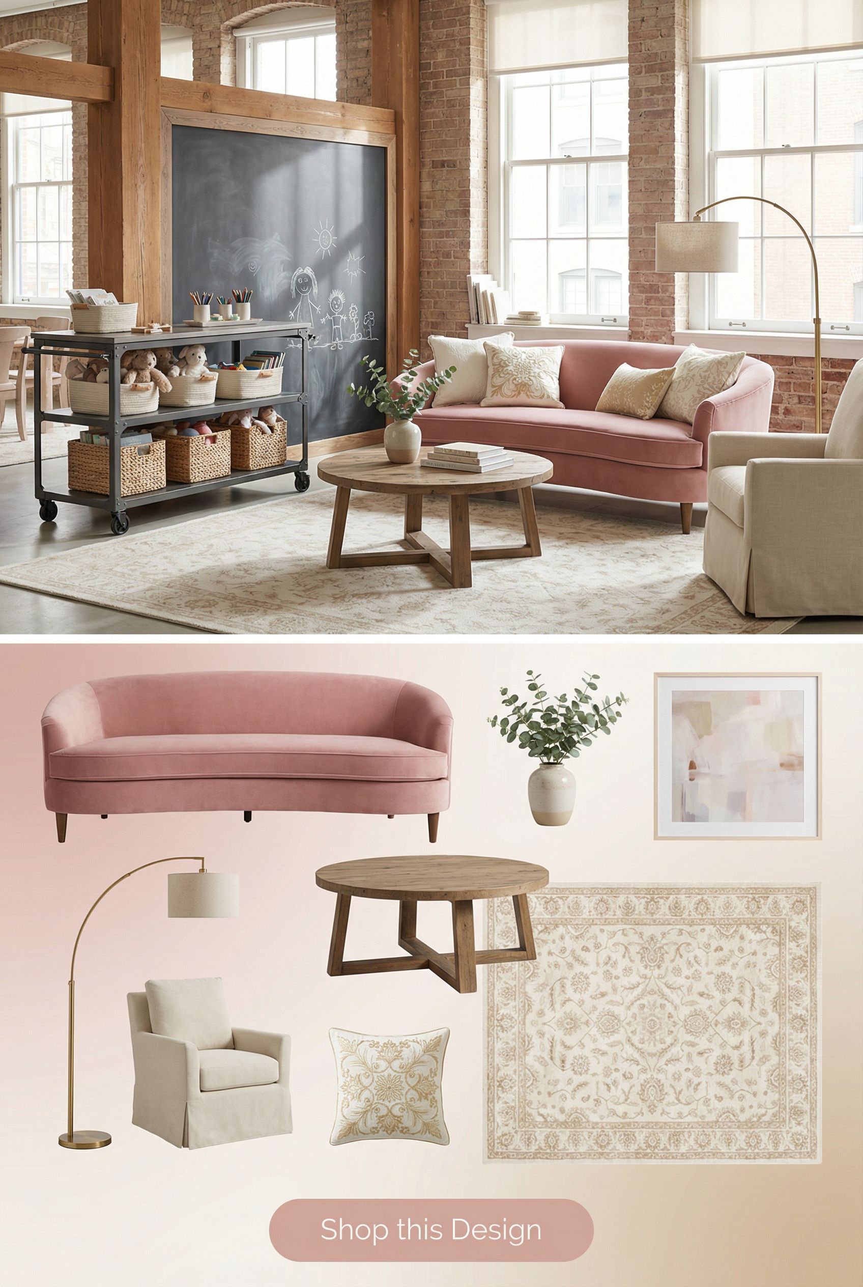 Industrial Loft Playroom with Rolling Metal Cart Storage and Chalkboard Moodboard