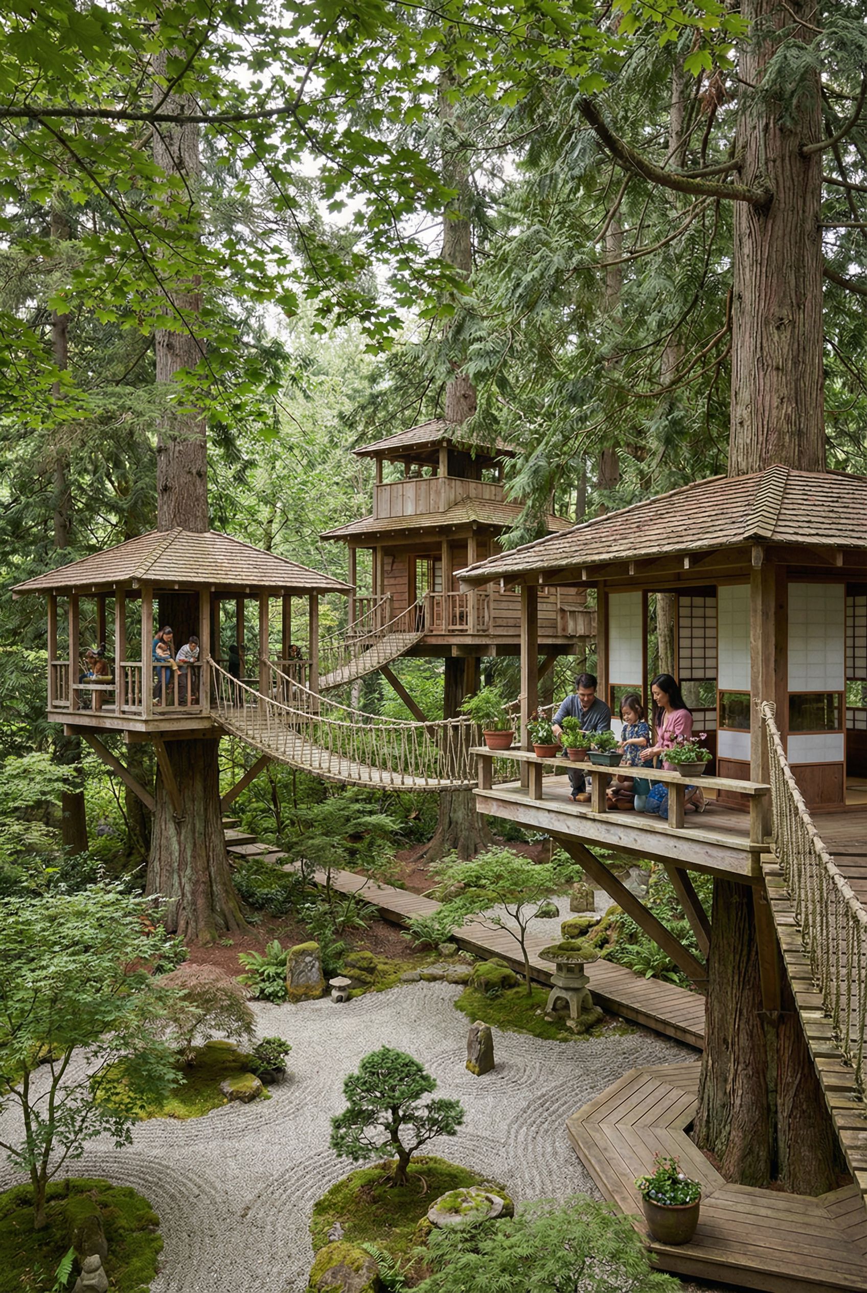 Japanese-Inspired Multi-Tree Treehouse with Zen Gardens