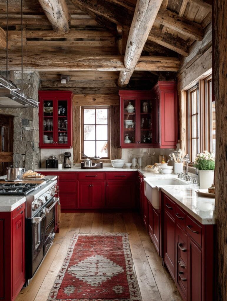 Red Cabinets in a Galley — Galley kitchen with red cabinetry, exposed wooden beams, marble countertops, and a central runner rug.