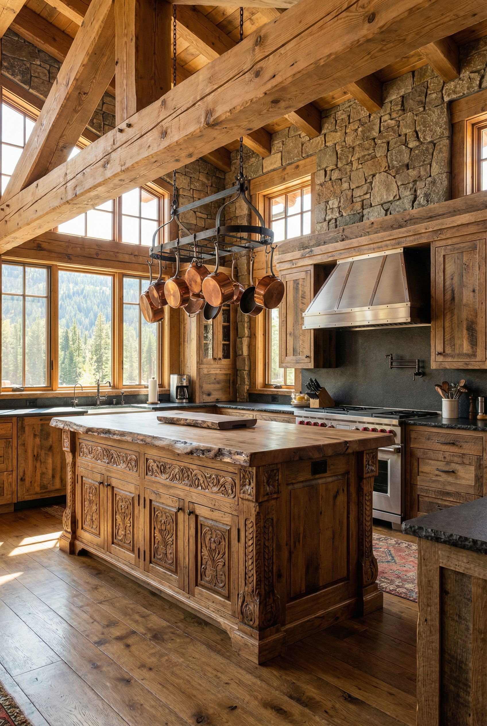 Luxe Chalet Kitchen with Hand-Carved Island