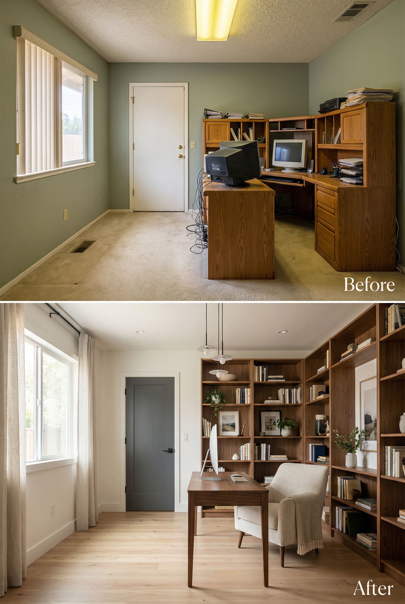 Luxurious Coastal California Modern Home Office with Driftwood Shelving and Calm Ocean-Inspired Hues