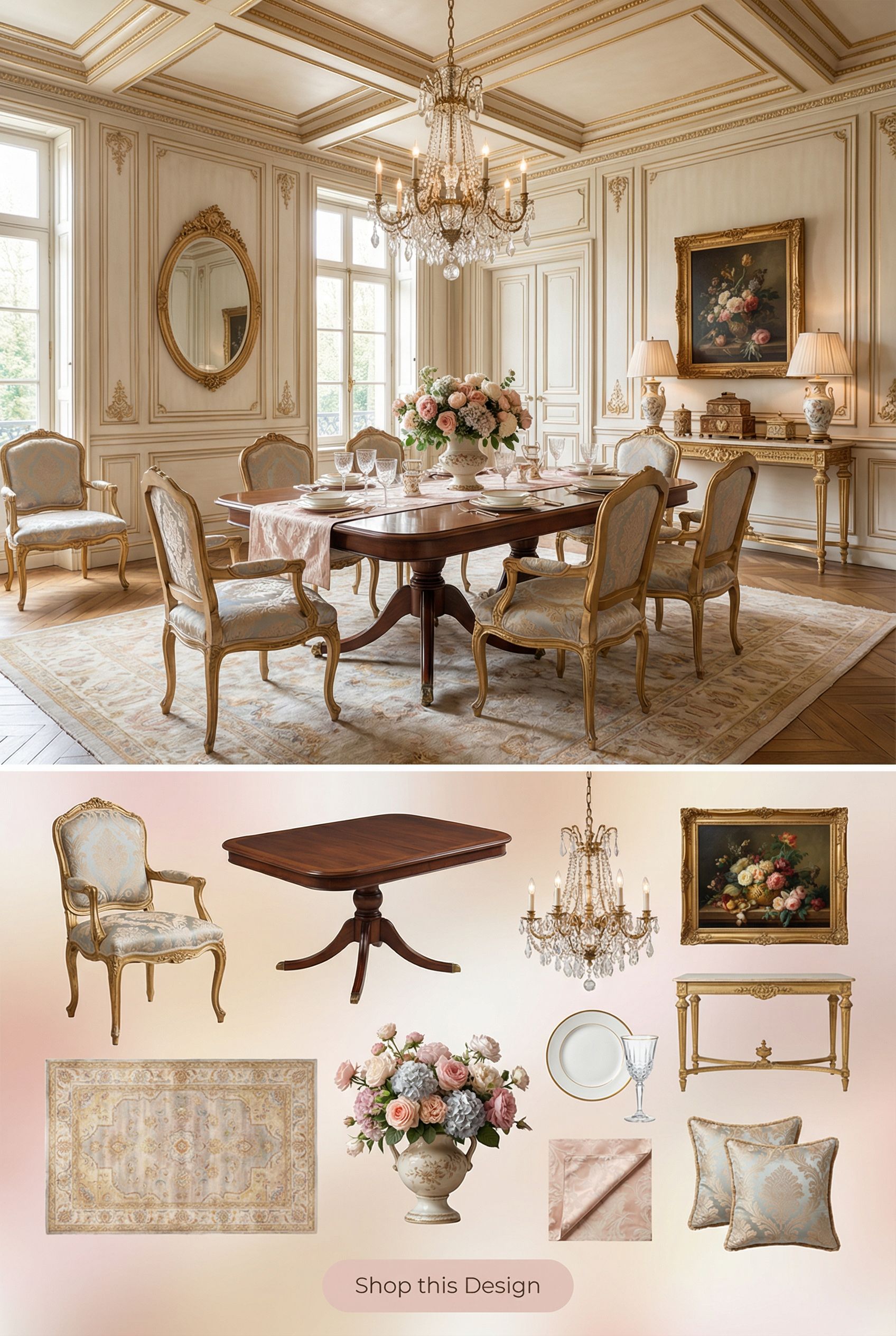 Luxurious French Dining Room with Coffered Panels and Silk Upholstery