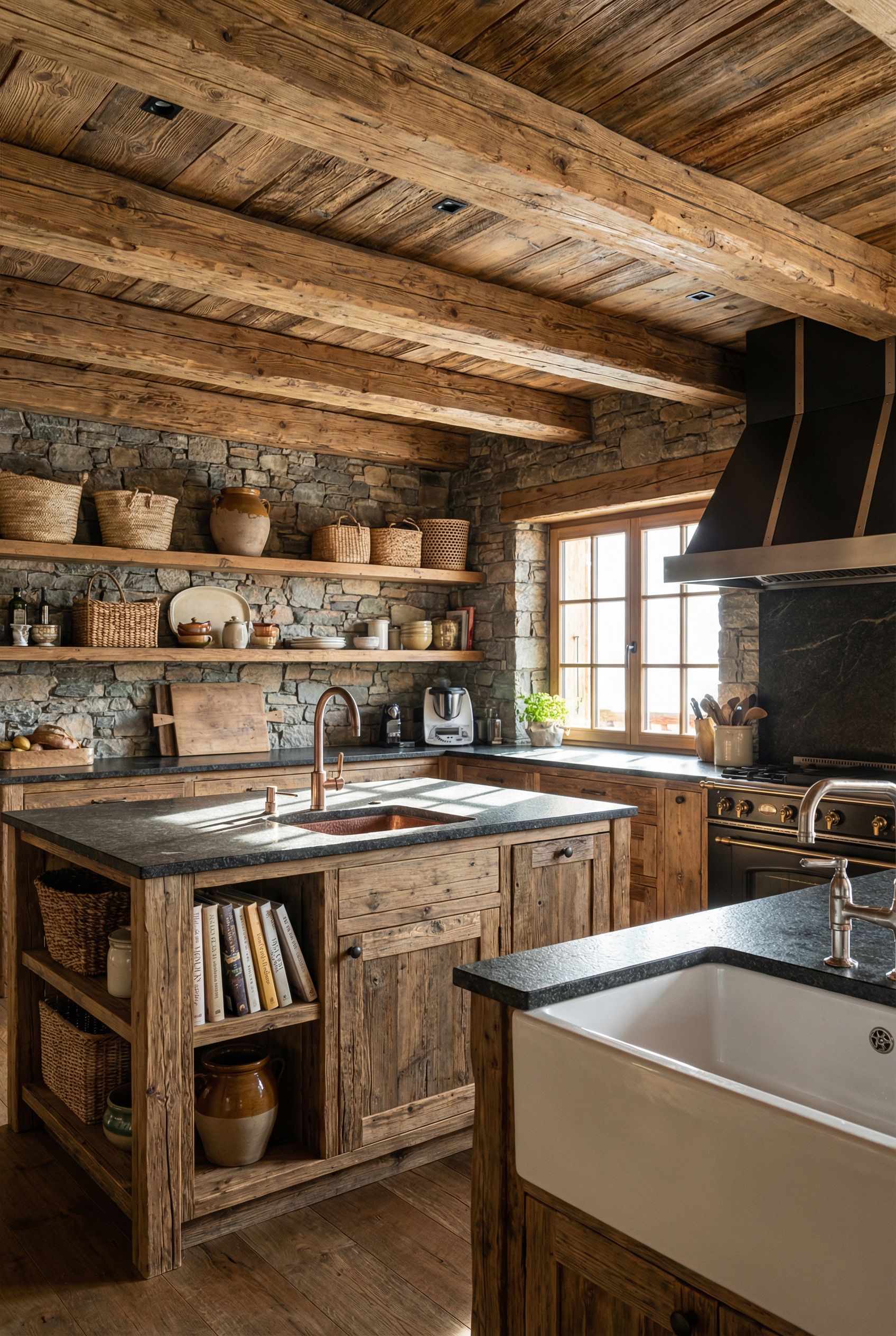 Luxury Chalet Kitchen with Reclaimed Wood Beams