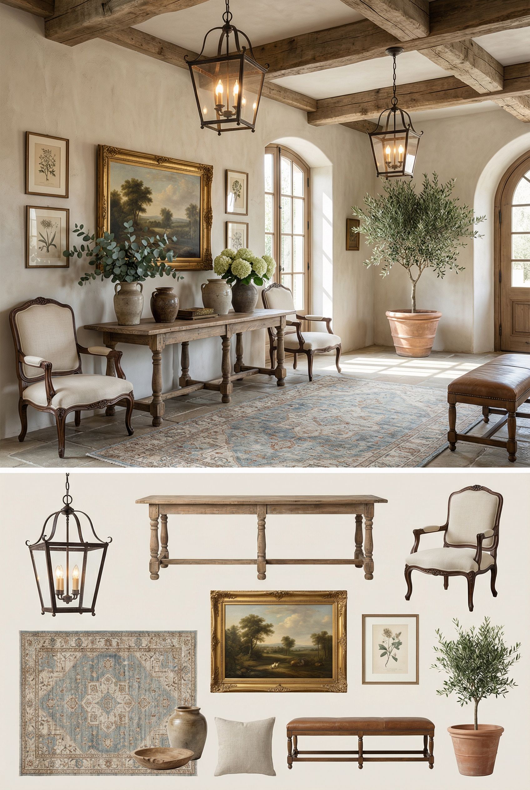 Luxury French Country Foyer with Aged Wood Beams and Classic Iron Lantern Lighting