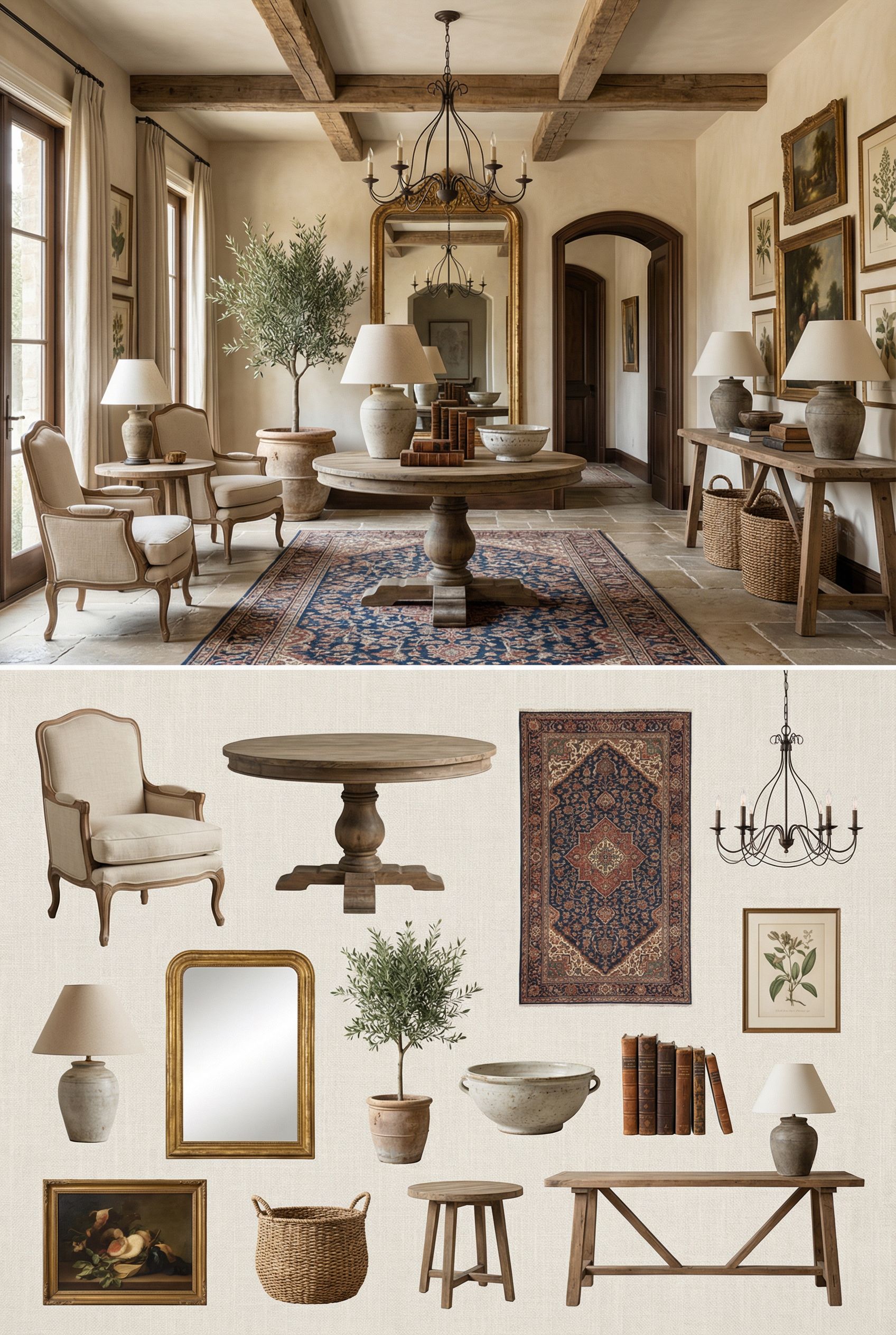 Luxury French Country Foyer with Antique Rugs and Warm European Materials