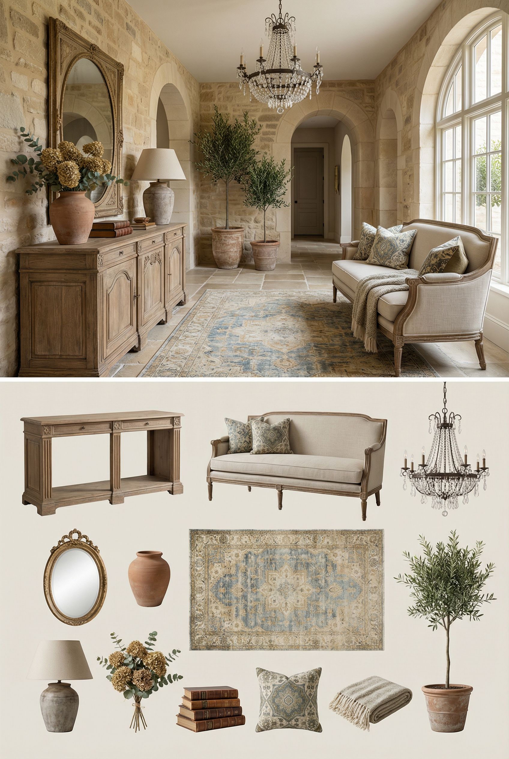 Luxury French Country Foyer with Arched Doorways and Warm European Stone Accents