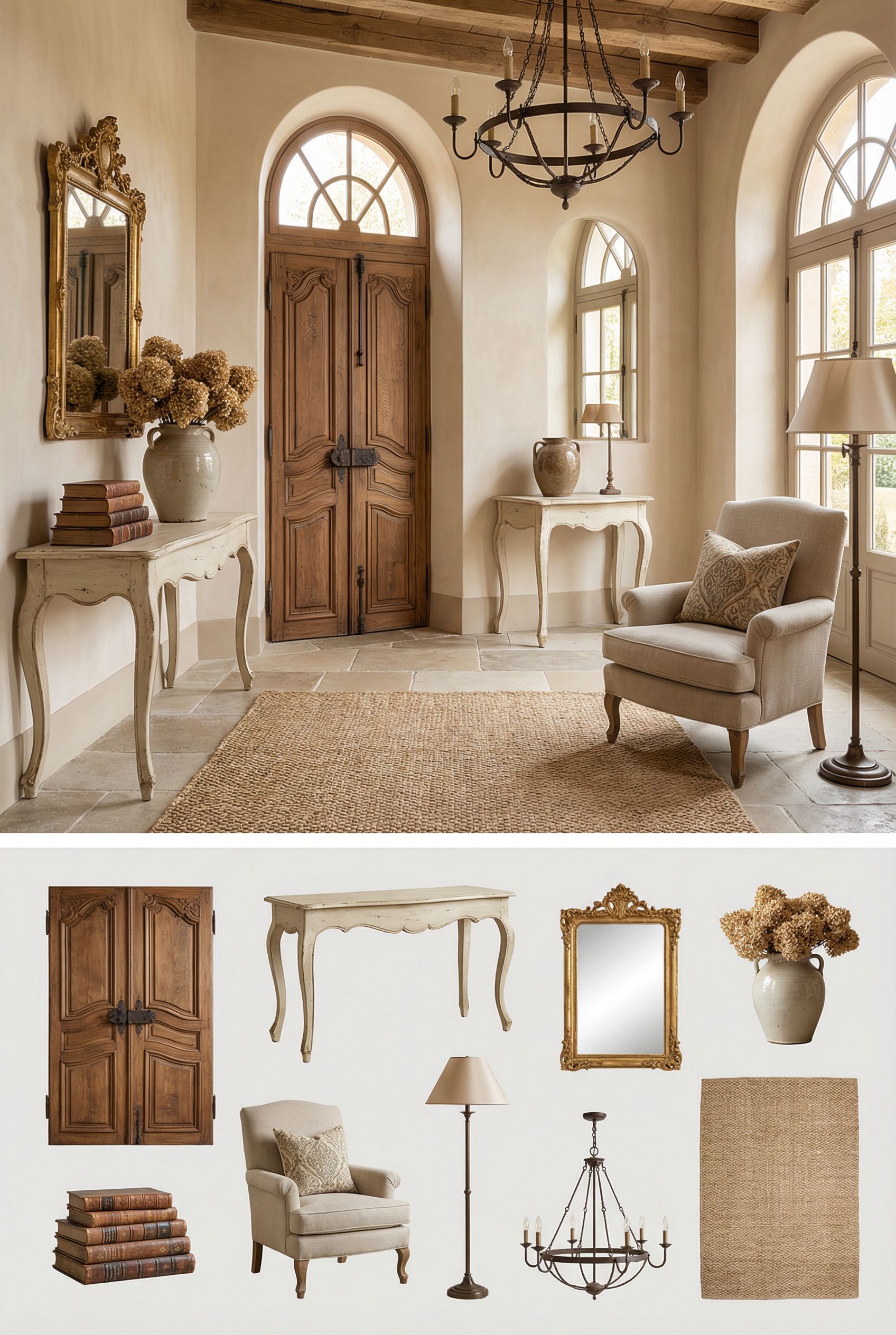 Luxury French Country Foyer with Carved Wood Doors and Subtle Vintage Décor