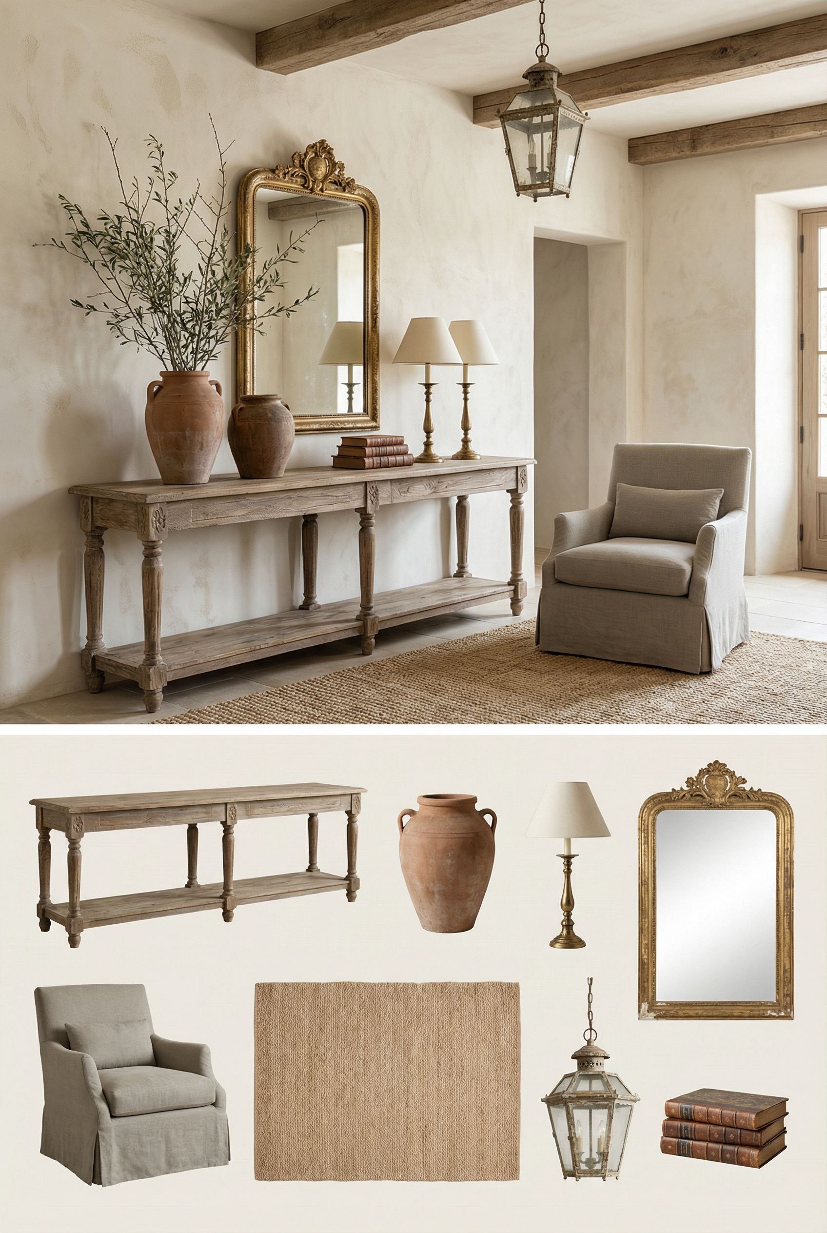 Luxury French Country Foyer with Cream Plaster Walls and Rustic Wood Console