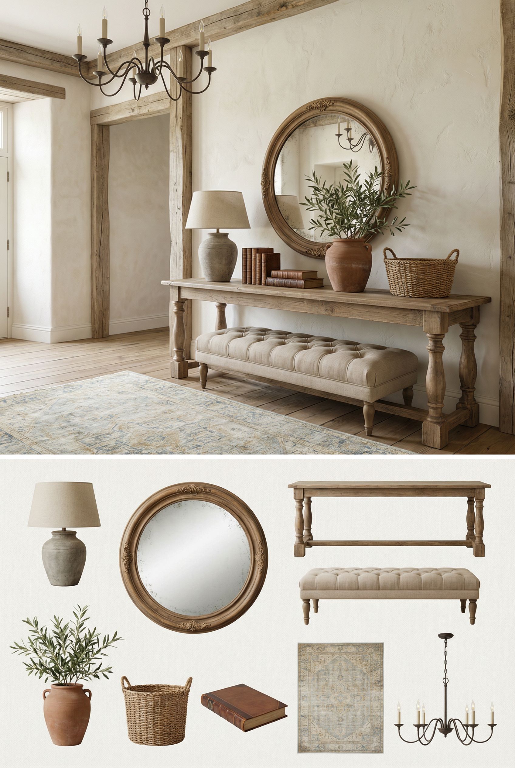 Luxury French Country Foyer with Distressed Wood Details and Soft Neutral Palette