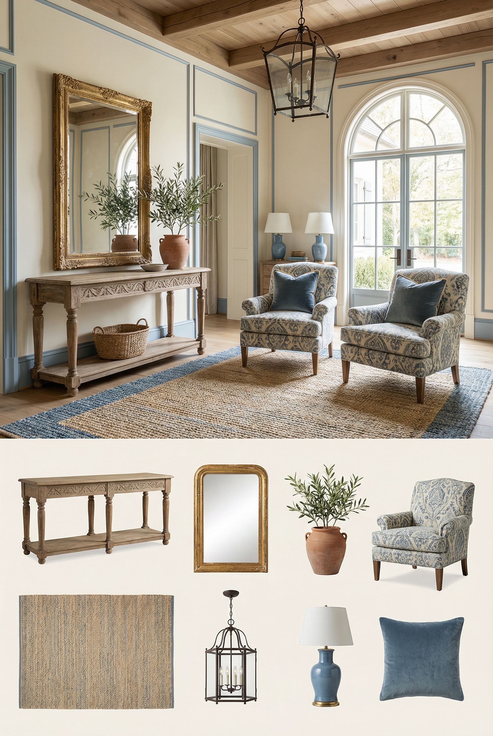 Luxury French Country Foyer with French Blue Accents and Aged Timber Details