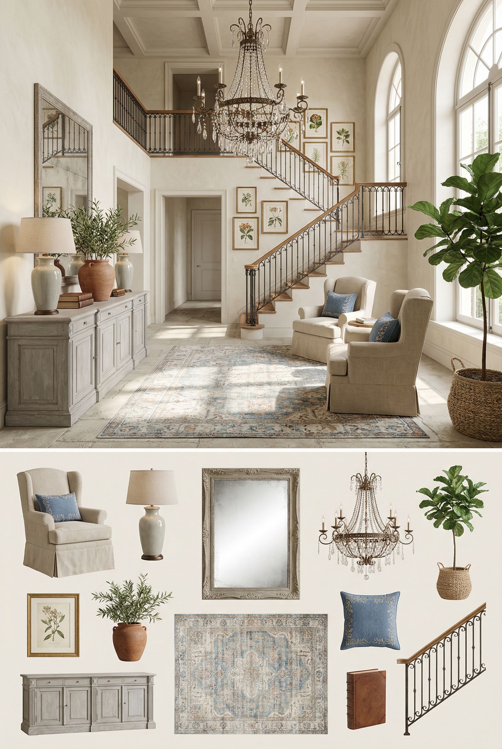 Luxury French Country Foyer with Grand Chandelier and Handcrafted Iron Stair Railing