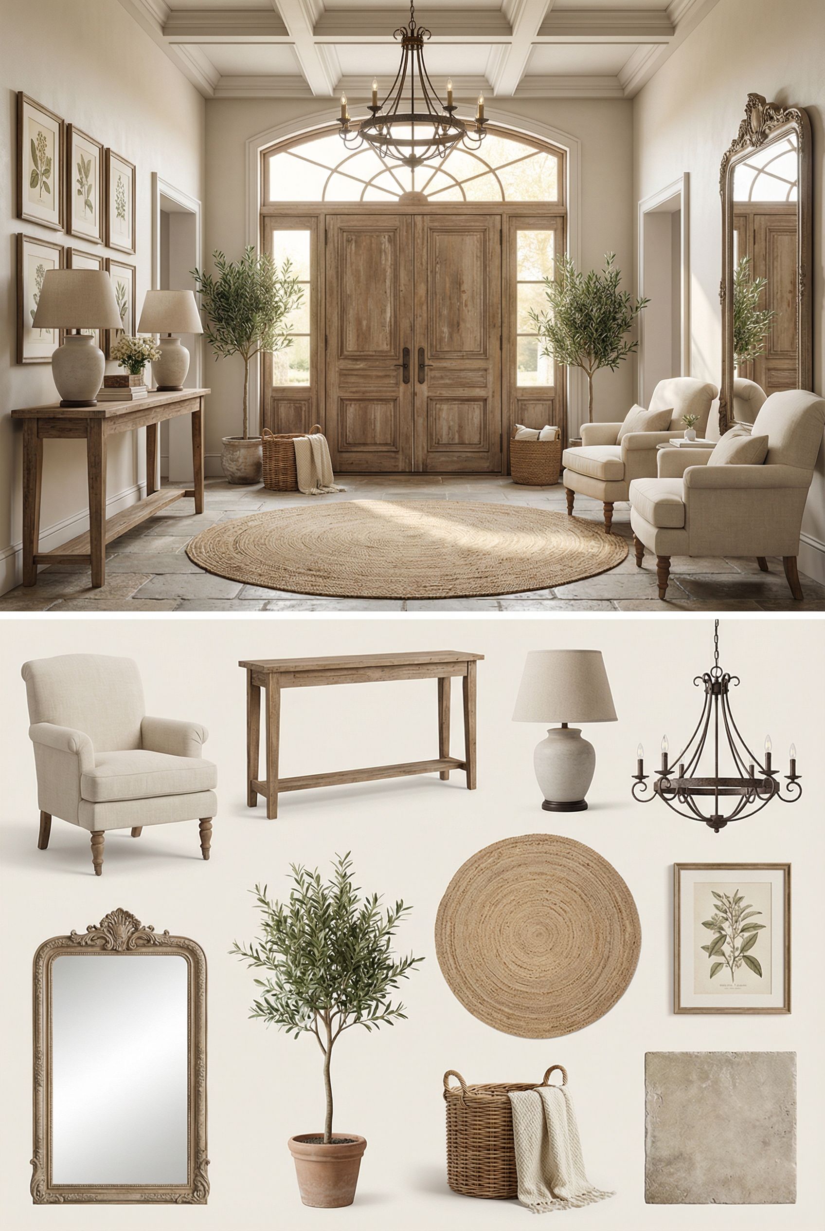 Luxury French Country Foyer with Grand Double Doors and Soft Country Elegance