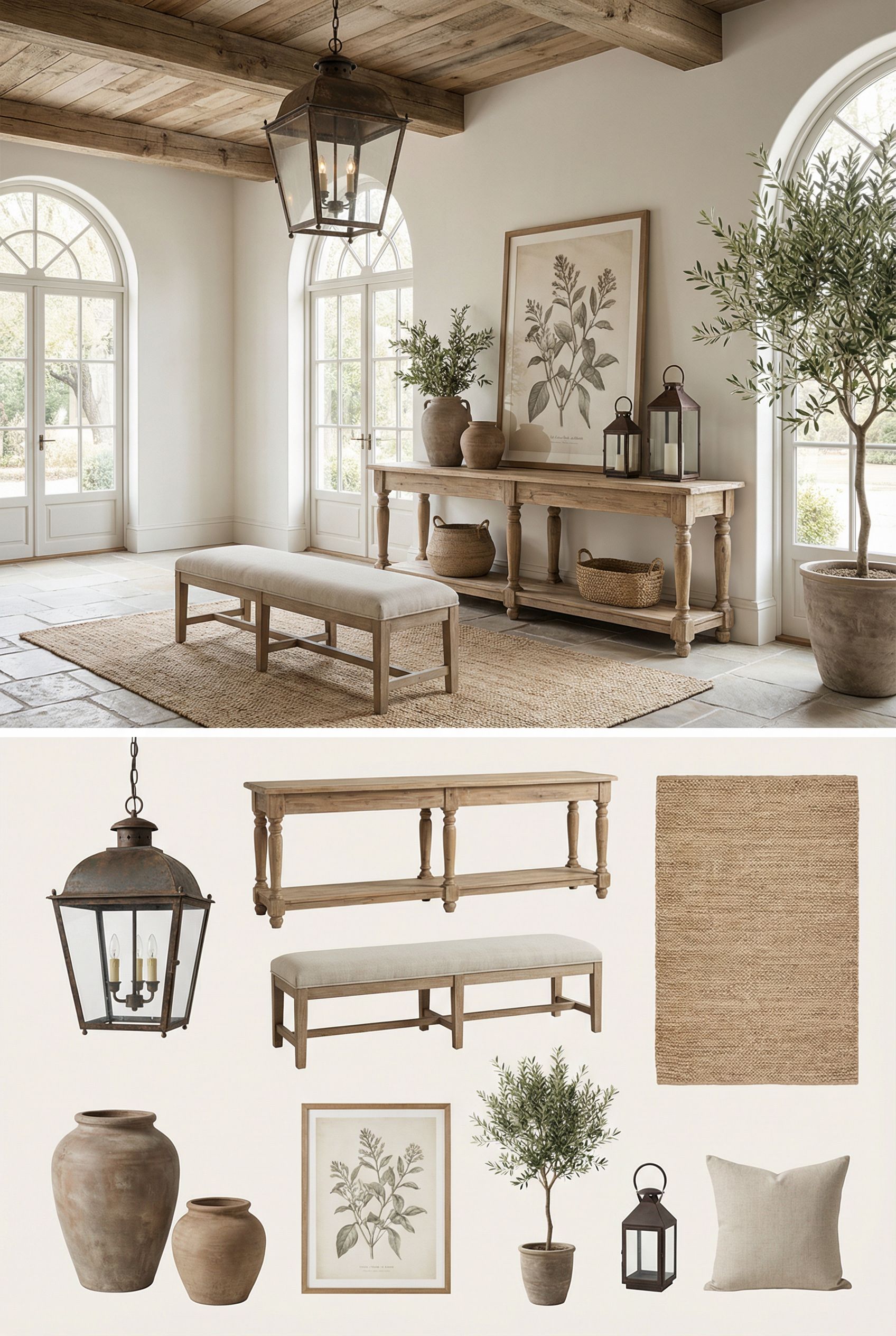 Luxury French Country Foyer with Iron Lanterns and Beautiful Natural Wood Elements