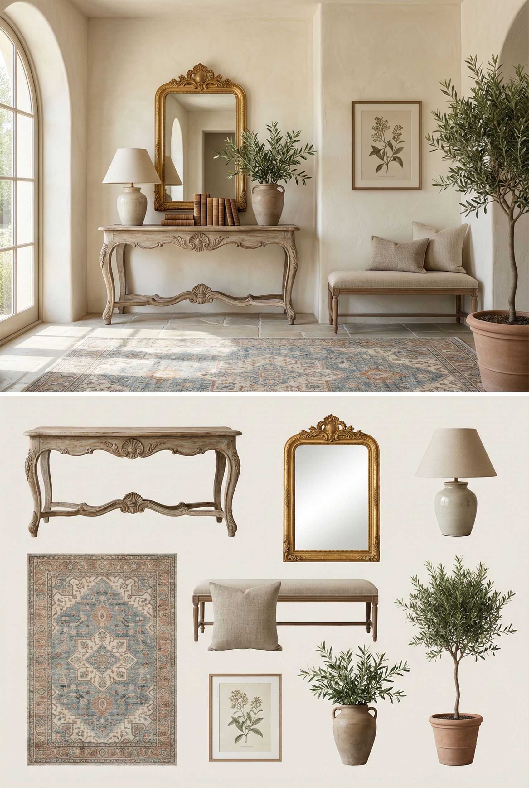 Luxury French Country Foyer with Plaster Walls and Antique French Console Table