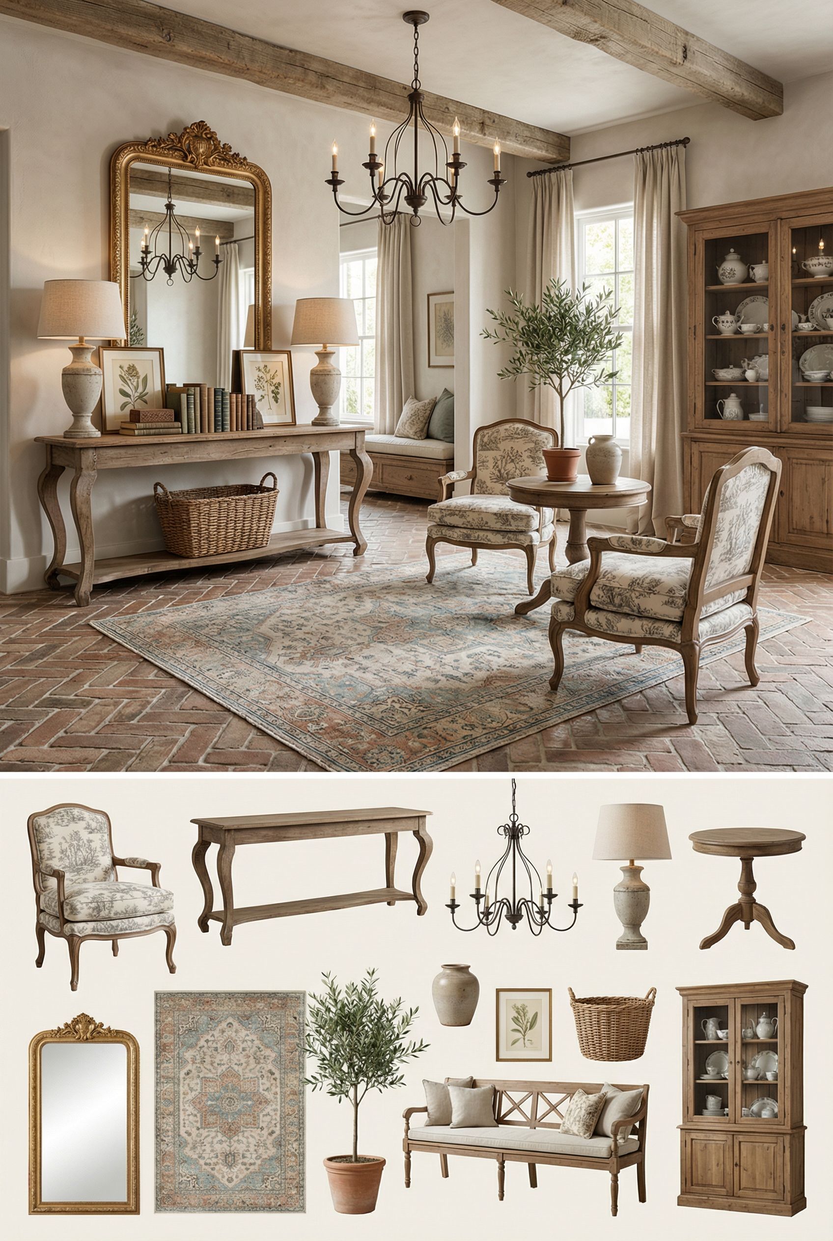 Luxury French Country Foyer with Rustic Brick Flooring and Refined Provincial Charm