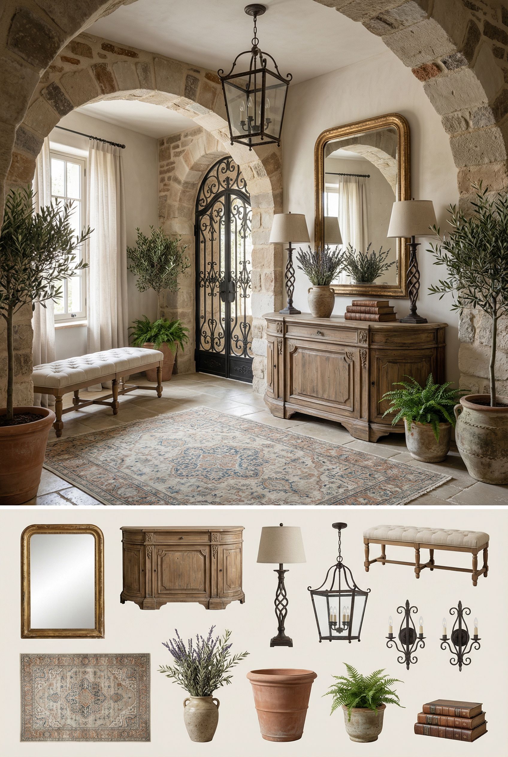 Luxury French Country Foyer with Stone Archways and Ornate Ironwork Accents