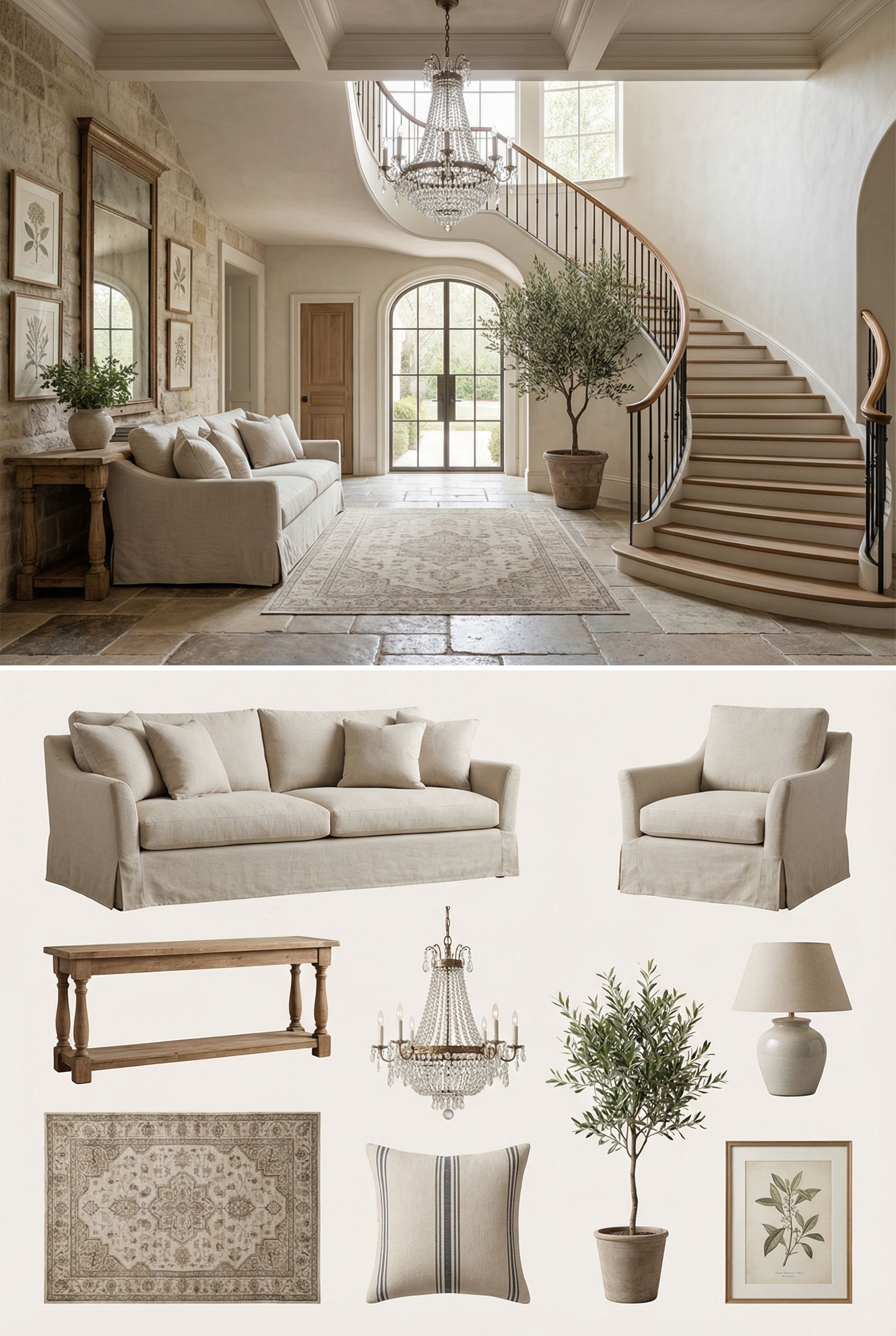 Luxury French Country Foyer with Stone Floors and Elegant Curved Staircase