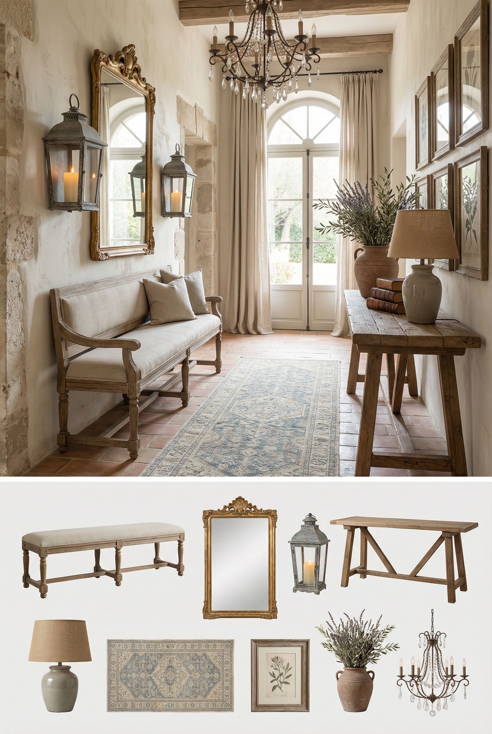 Luxury French Country Foyer with Weathered Oak Bench and Classic French Textures