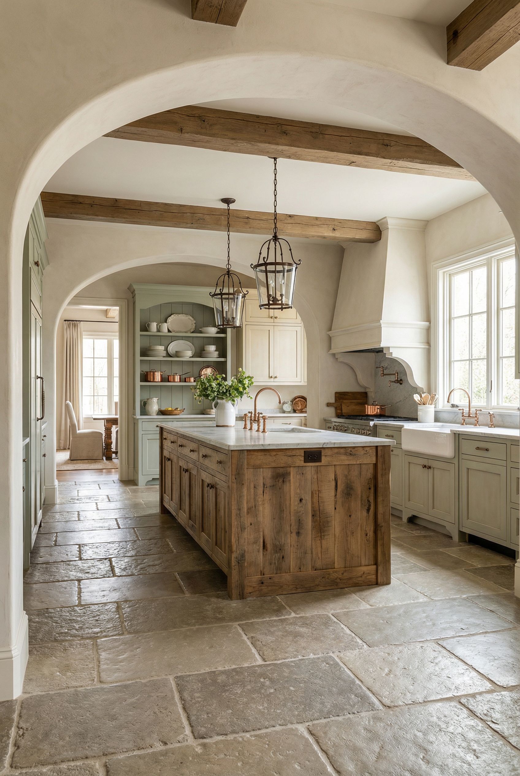 Luxury French Country Rustic Kitchen with Arched Doorways and Aged Stone Flooring