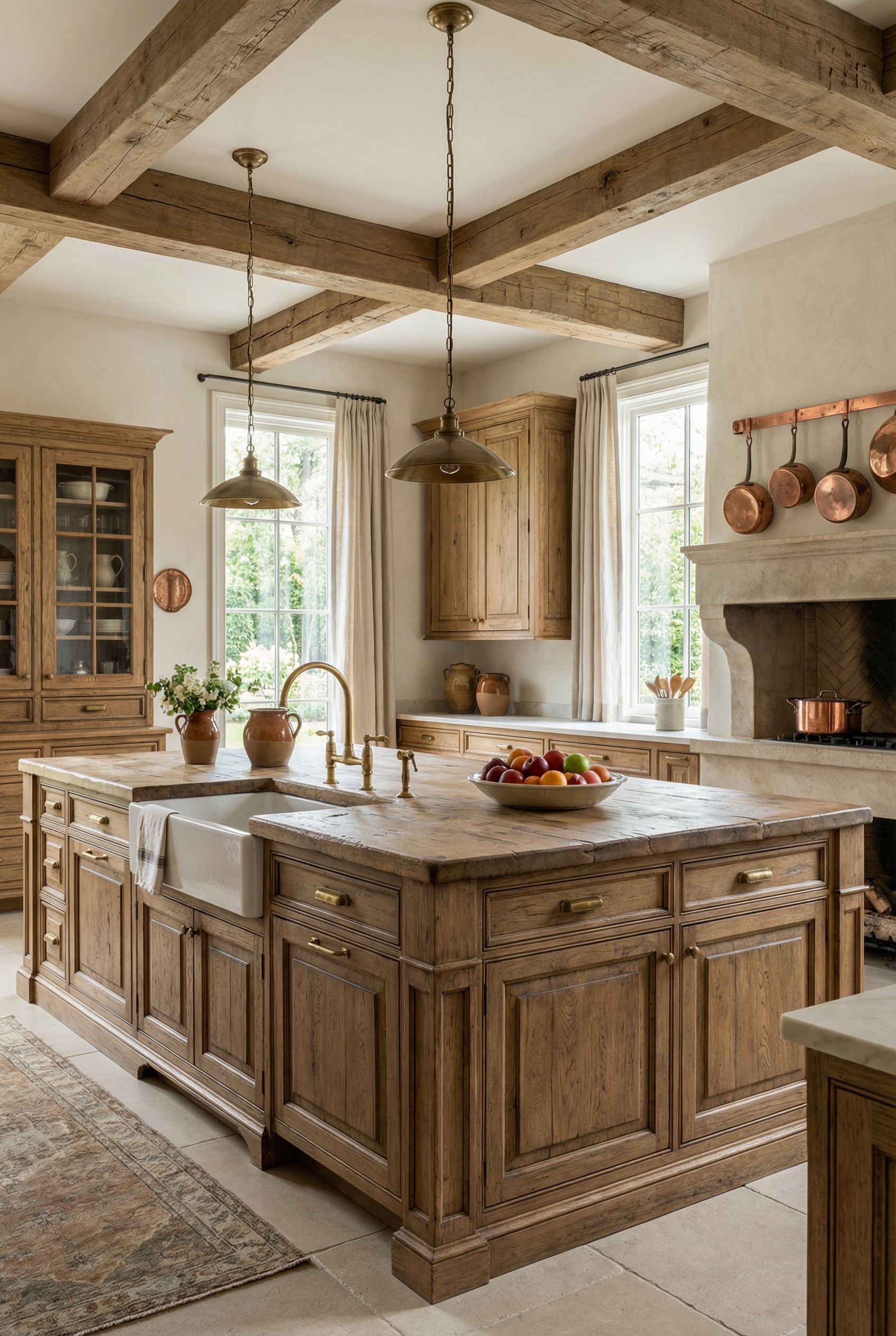 Luxury French Country Rustic Kitchen with Carved Wood Details and Antique Brass Fixtures
