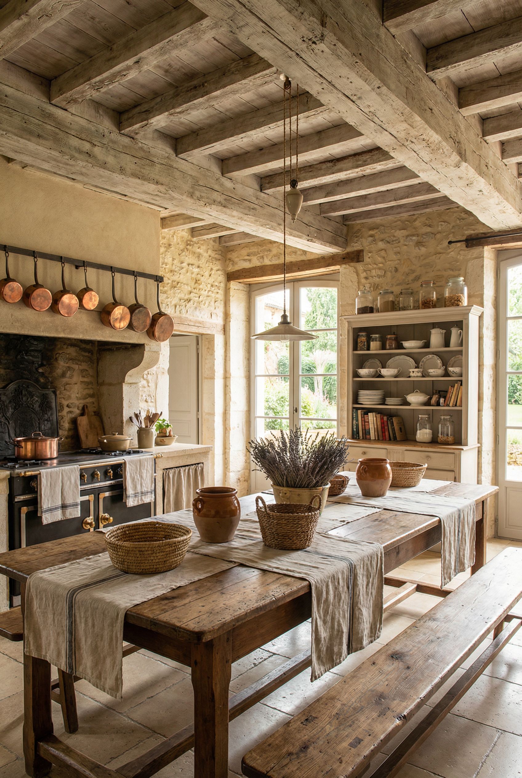 Luxury French Country Rustic Kitchen with Classic Farm Table and Charming Vintage Décor