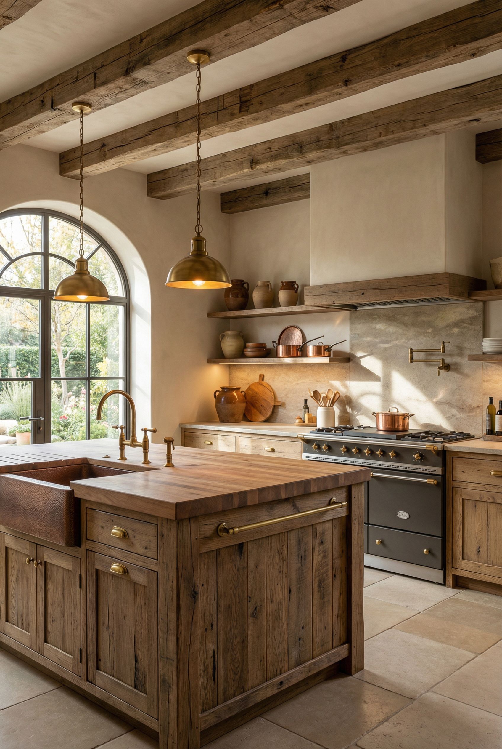 Luxury French Country Rustic Kitchen with Distressed Wood, Brass Accents, and Warm Lighting