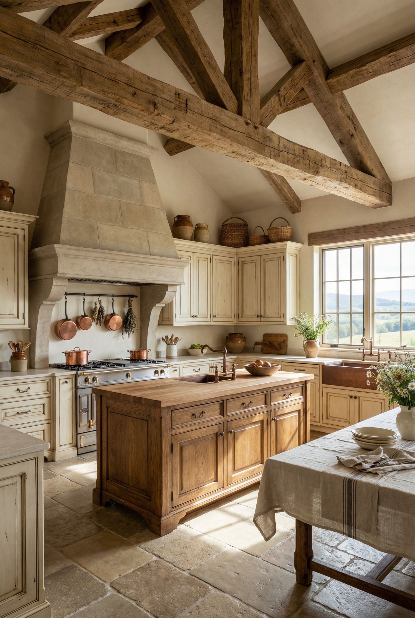 Luxury French Country Rustic Kitchen with Exposed Beams and Classic Farmhouse Charm