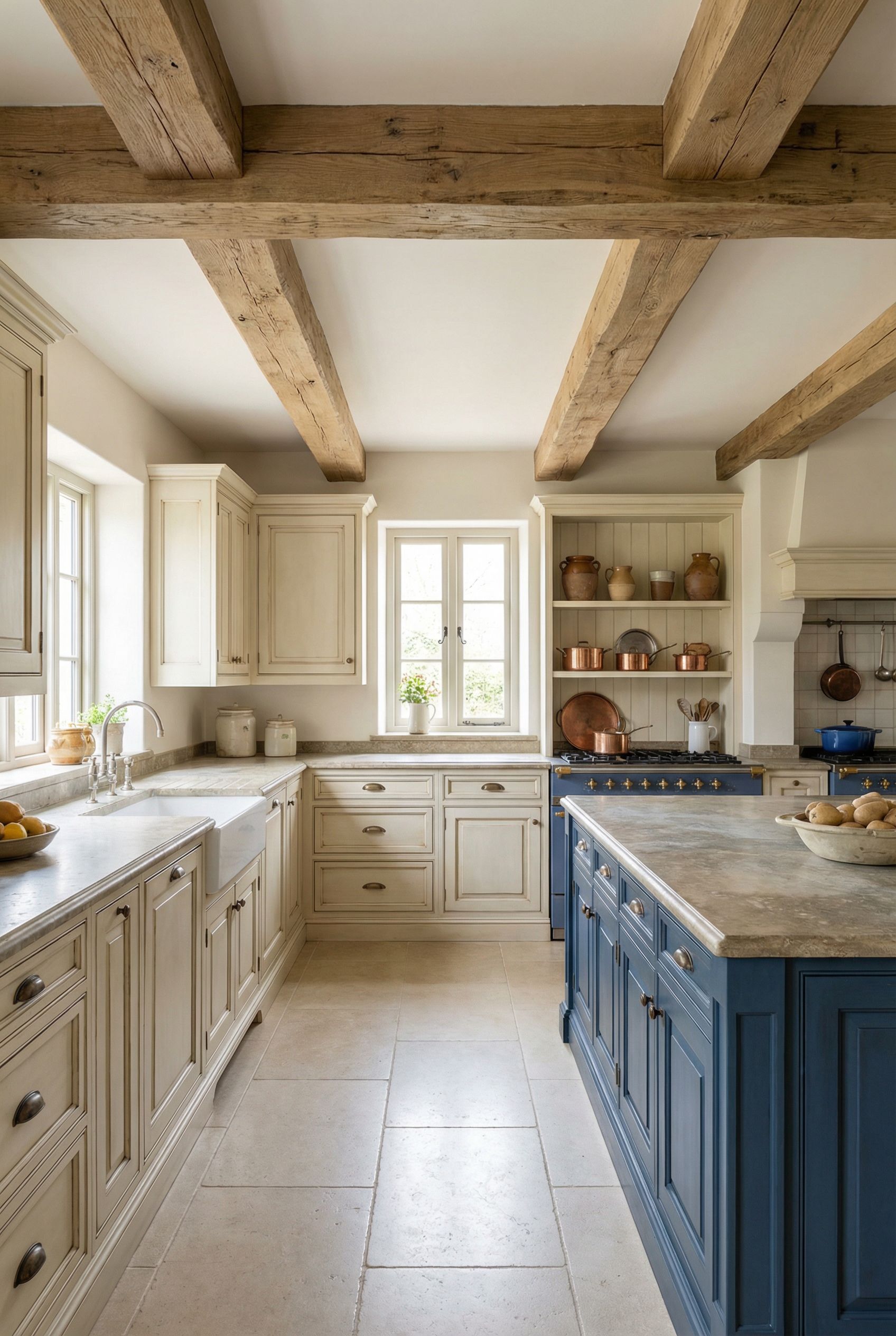 Luxury French Country Rustic Kitchen with French Blue Accents and Rustic Oak Beams